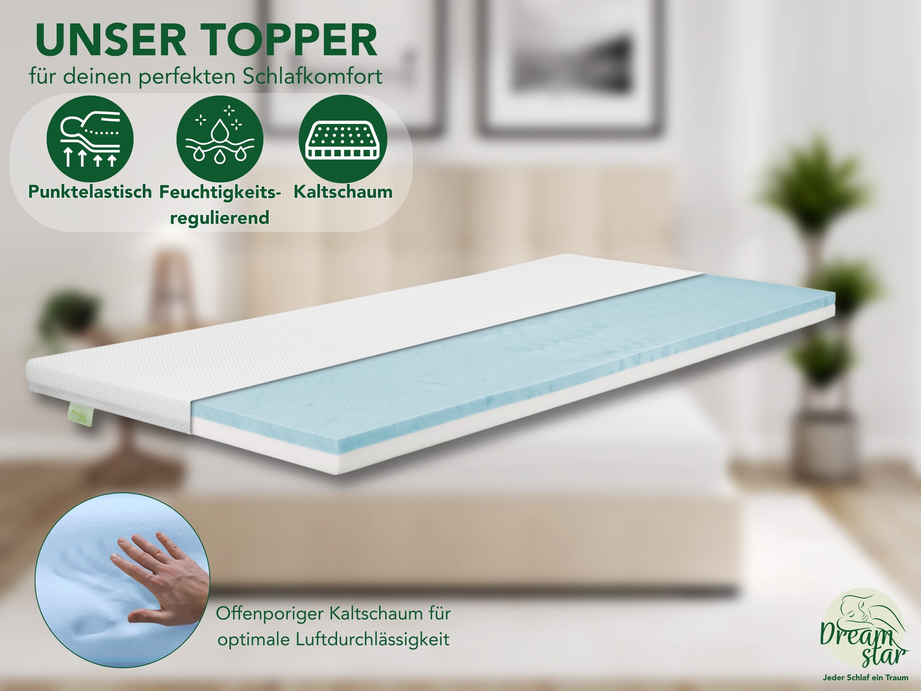 Dreamstar, Topper Duo Matratzentopper, H2/H3, mit Gel-Memory und Komfortschicht, 7 cm hoch, rutschfest, Bezug waschbar - für Matratzen und Boxspringbetten