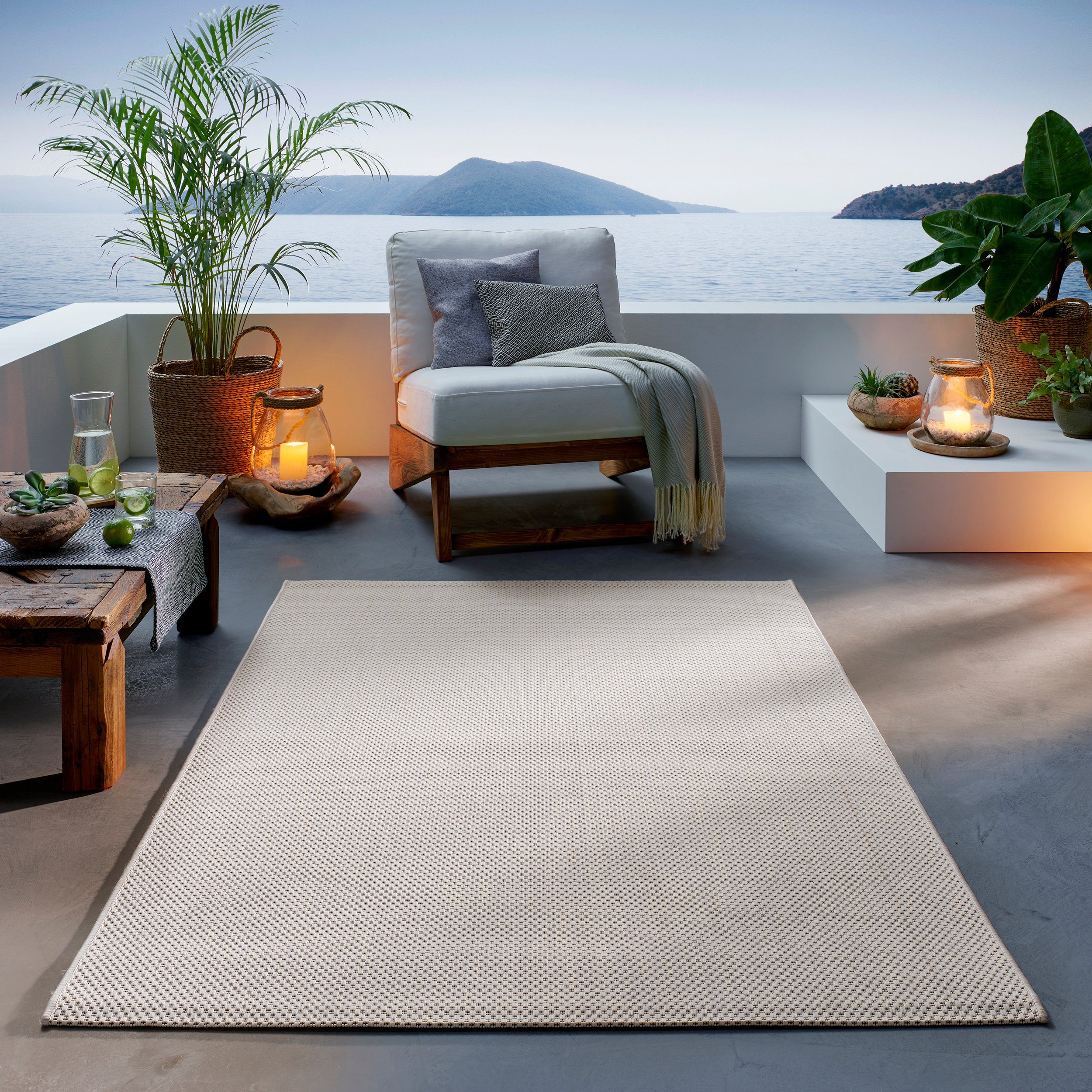 TaCa Home Teppich Outdoor & Indoor Teppich, rechteckig, Höhe: 7 mm, Terrasse Balkon Garten Wohnzimmer Bad Küche, Creme - 120 x 160 cm