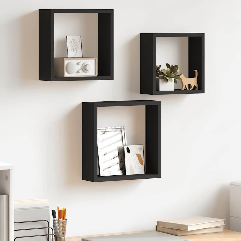 furnicato Regalwürfel 3er Set schwebende Würfelregale MDF Schwarz 30x10x30, 27x10x27, 24x10
