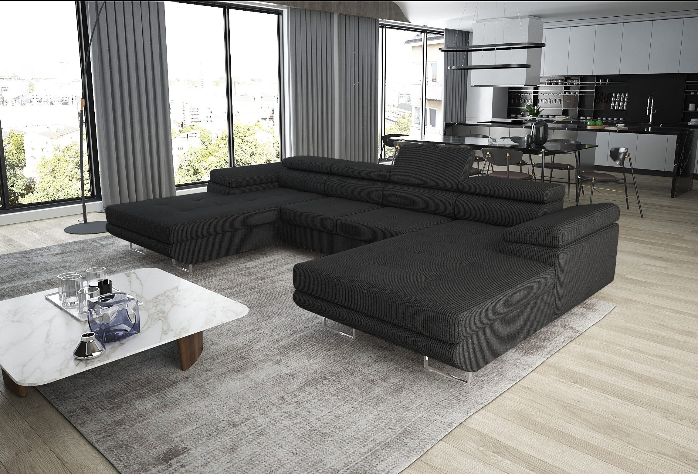 thematys Ecksofa ALVARO U 355 x 162cm mit Schlaffunktion & Bettkasten –, U-Sofa mit 4 verstellbaren Kopfstützen, Samt (Monolotith), oder Cord (Poso) - U-Form, XL-Wohnlandschaft, 355 cm breit
