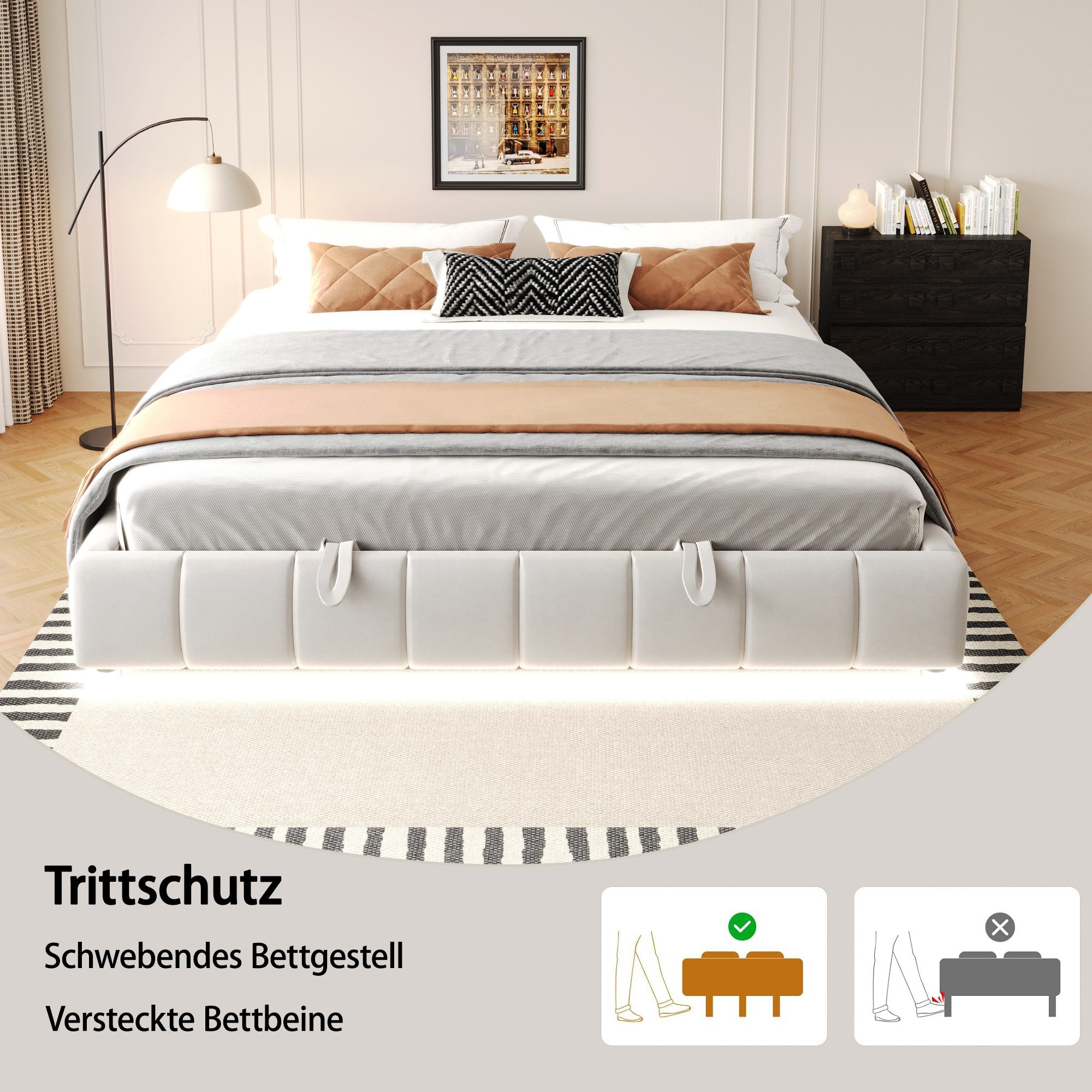 Merax Polsterbett (Doppelbett mit Metallrahmen und Samtstoff, 1-tlg), Hydraulisches Stauraumbett 180x200cm mit LED-Lichtleiste,ohne Kopfteil – Bild 5 von 5