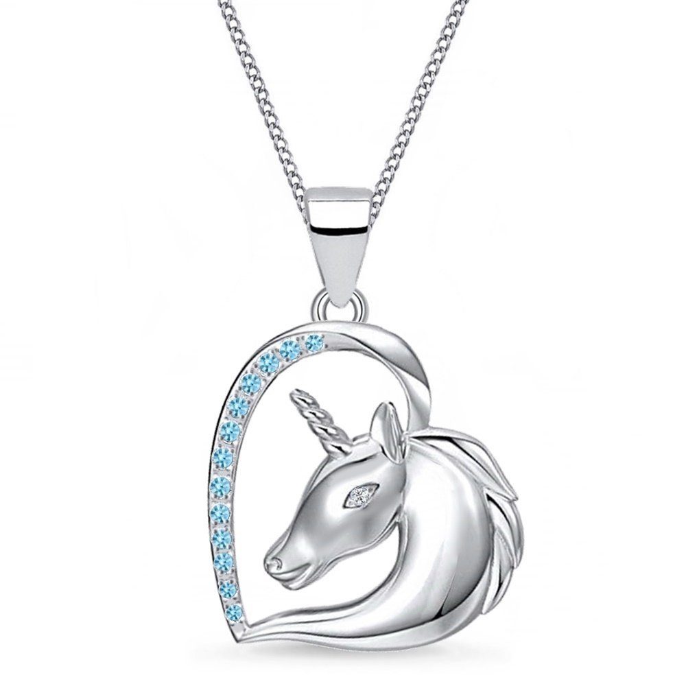 aus Pferd Kette Schmuckset, Hufeisen Rhodiniert (Set Zirkonia Einhorn Silber Blau 925 Kette inkl. Kinder mit Mädchen Herz Goldene Anhänger Etui),