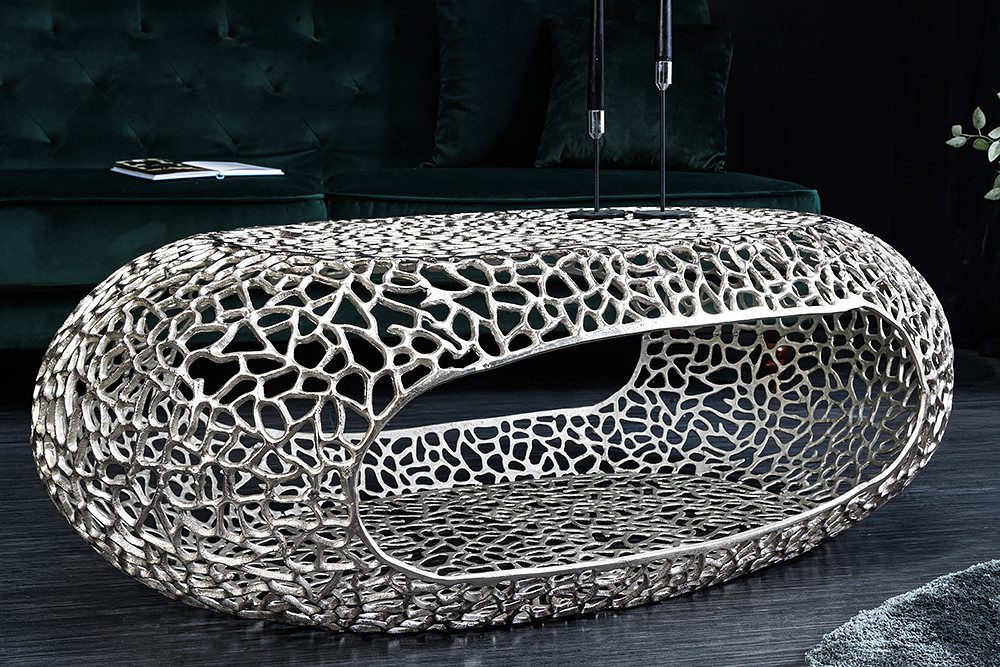 riess-ambiente Couchtisch ORGANIC 120cm silber (Einzelartikel, 1-St), Wohnzimmer · Metall · oval · mit Stauraum · handmade · Modern Design