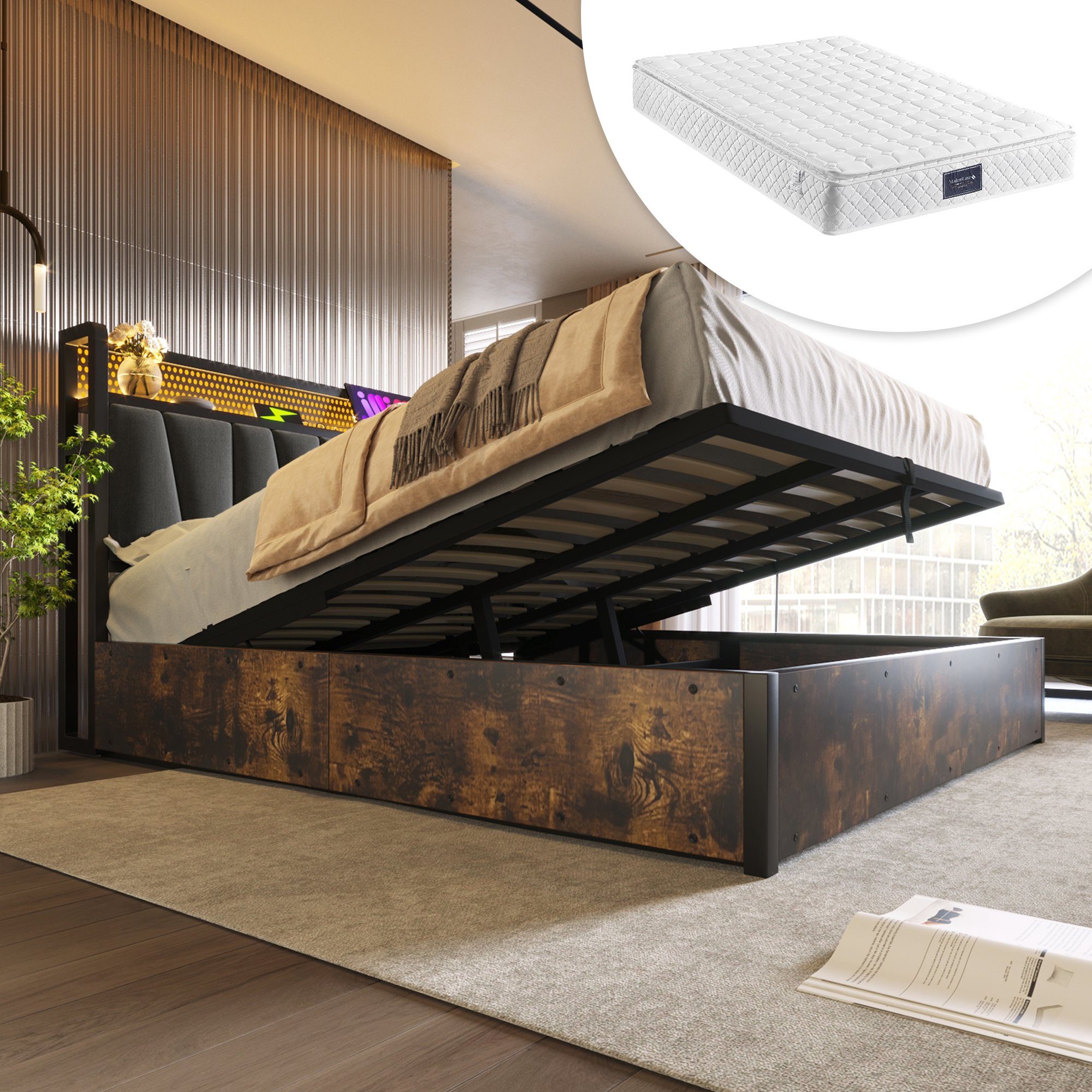 Polsterbett (LED Metallbett Doppelbett mit Matratze), hydraulisches Stauraumbett mit Ladefunktion und Lattenrost, 140x200cm