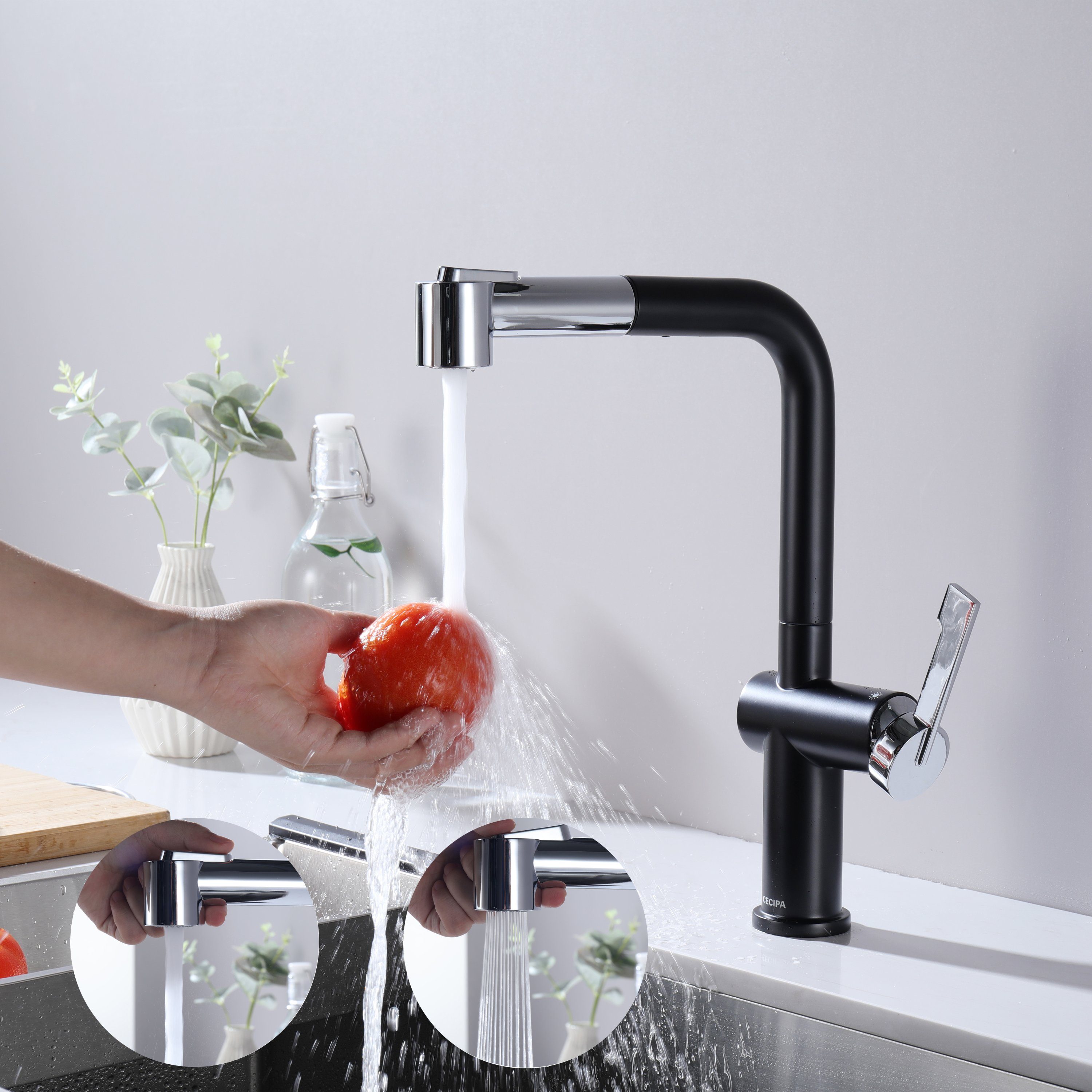 CECIPA Küchenarmatur Küchenarmatur Ausziehbar Hochdruck Küchenwasserhah 2 Wasserauslassmodi schwarz