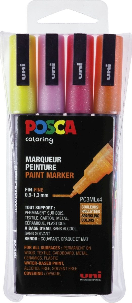 uni-ball Filzstift Fasermaler Uni Posca PC-3M 0,9-1,3mm Glitter sortiert VE=4 Stück