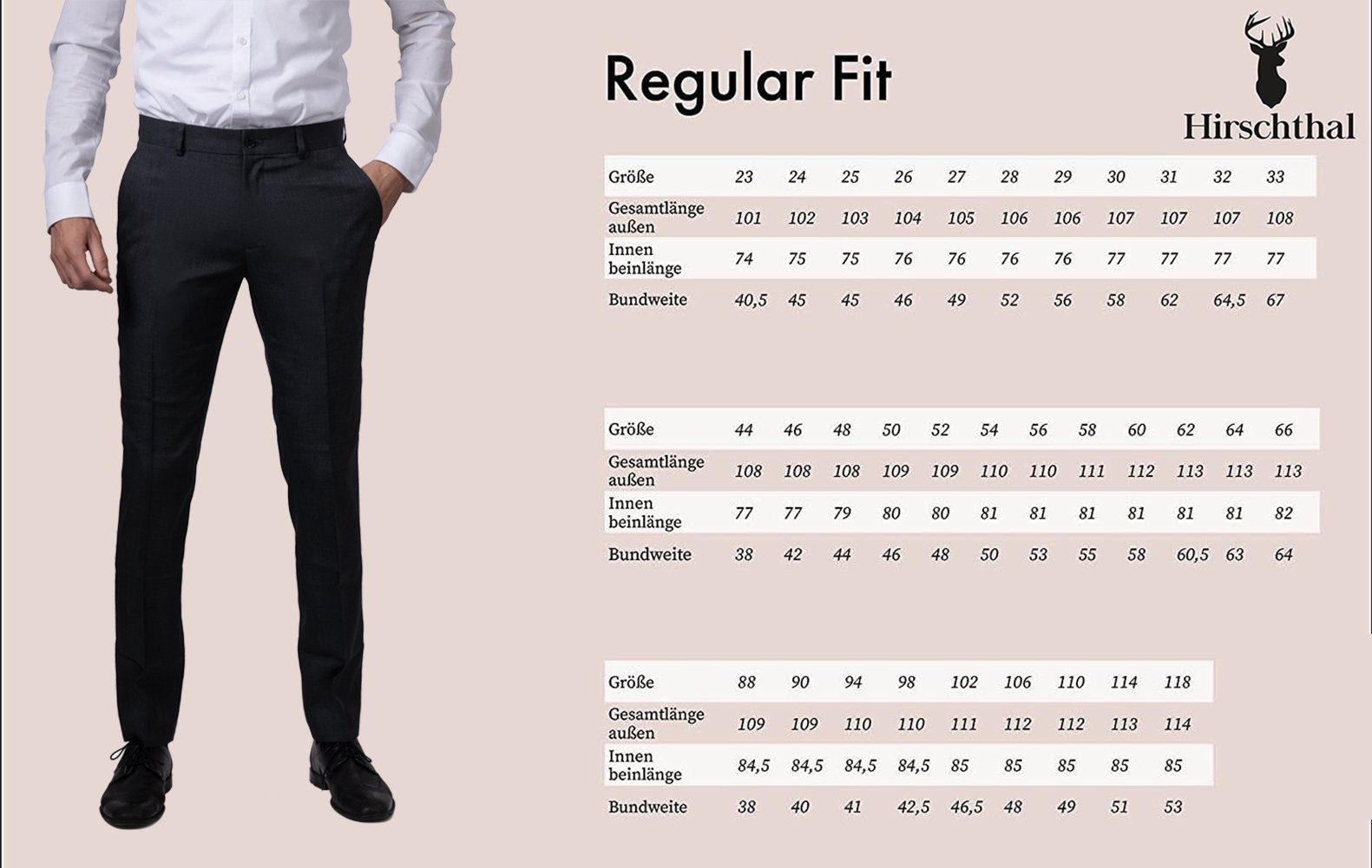 Hirschthal Anzughose Herren und Kurz-, Regular-Fit Anzughose Normalgrößen Lang- in Grau Slim-Fit Business und