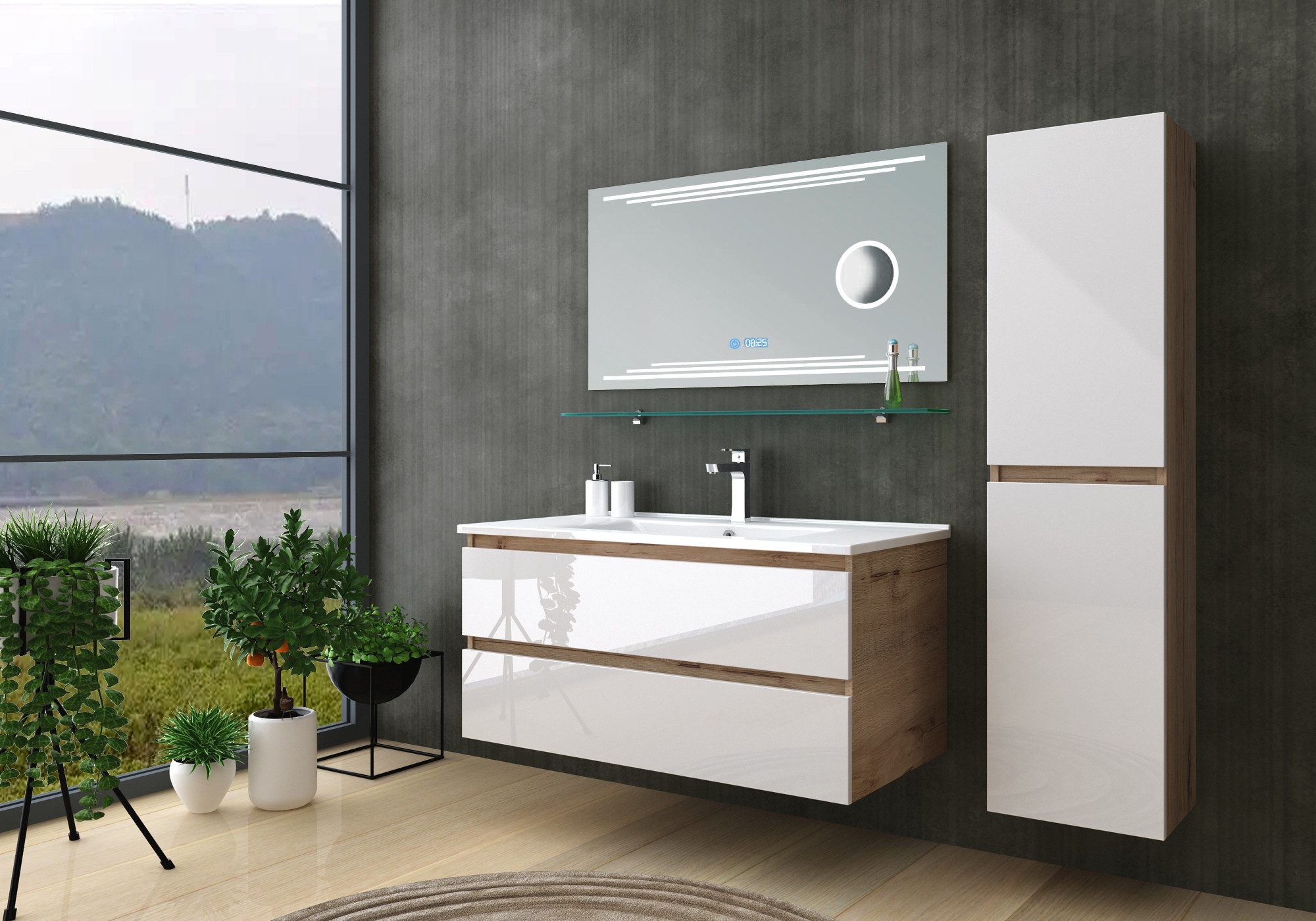 Homeline Badmöbel-Set Leonard badmöbel Set Eiche/Weiß Kosmetik Spiegel 60 9 günstig online kaufen