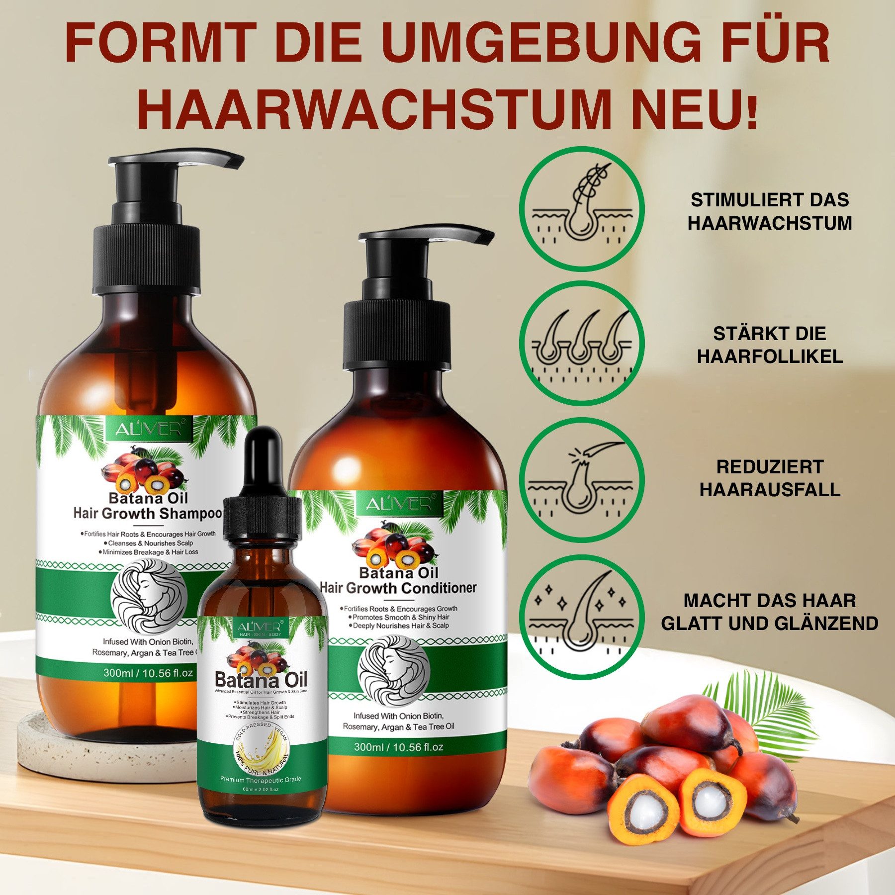 ALIVER Haarpflege-Set Set Batana Haar Shampoo Conditioner Öl Haaröl Haarwachstum Vegan, Haarpflege, Haarwachstum,Kopfhautpflege