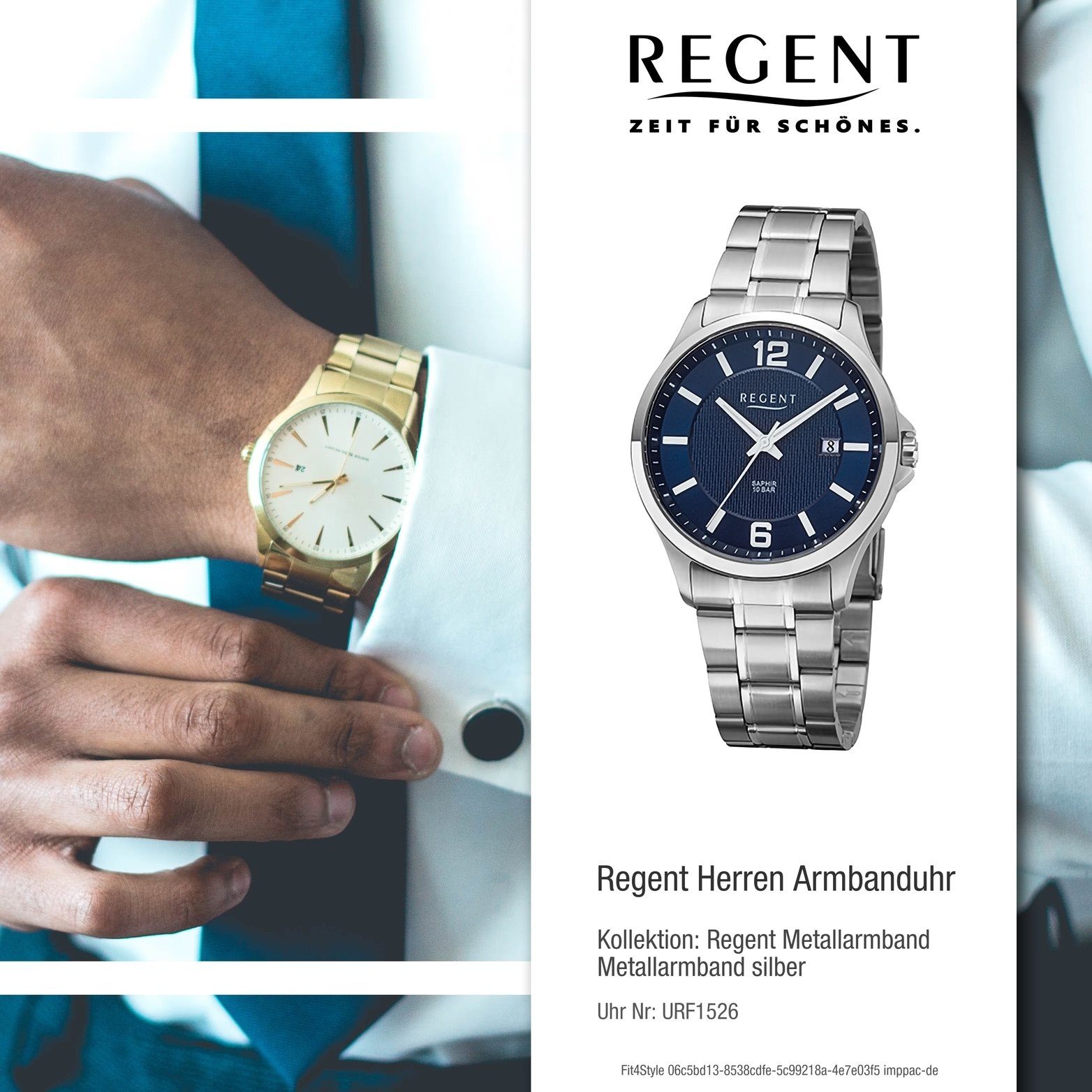 (ca. extra Quarzuhr Regent rundes Herrenuhr Analog, Metallarmband groß Armbanduhr Gehäuse, Herren silber, 39mm) Regent