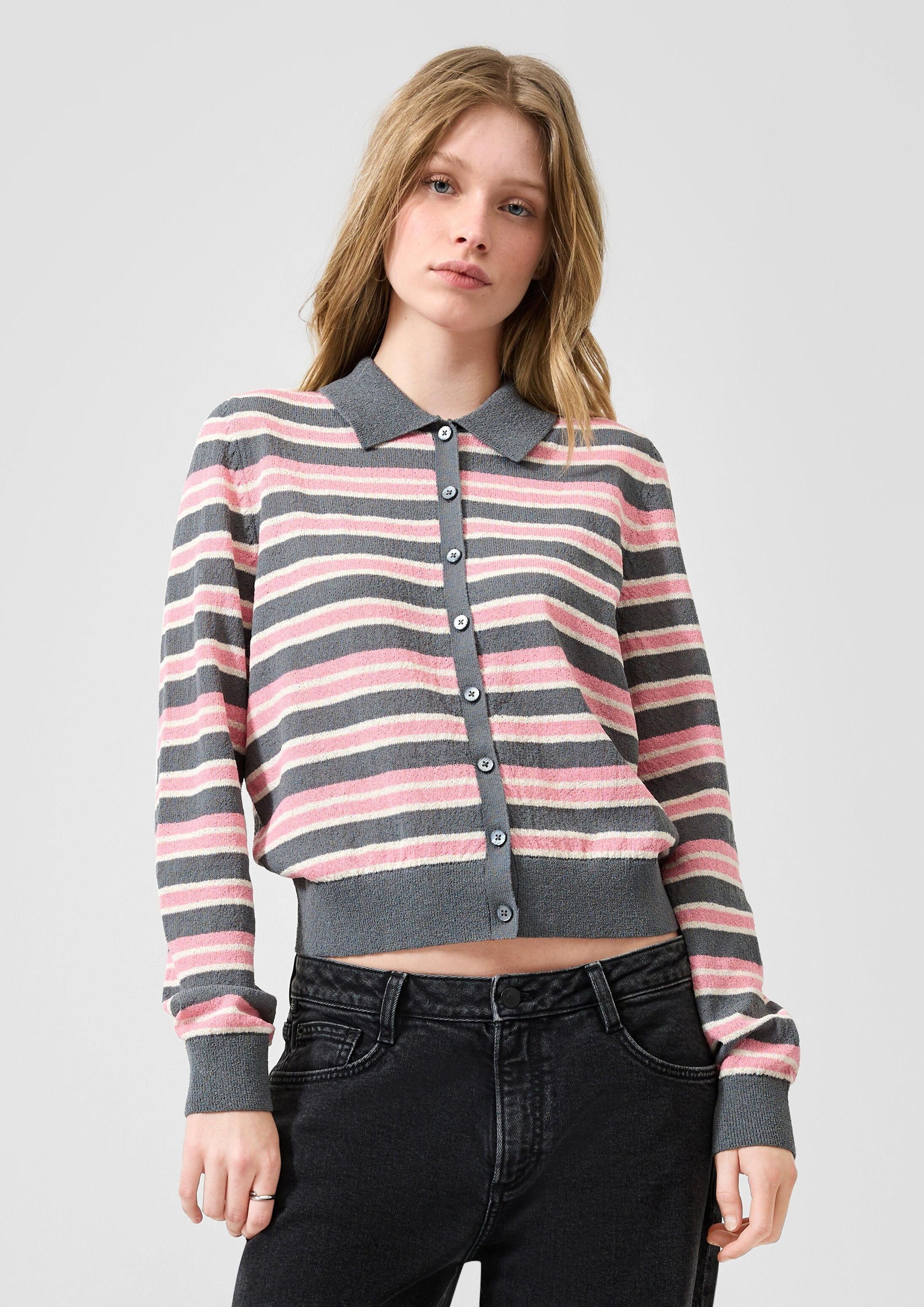 QS Cardigan Strickjacke Ringelstrickjacke mit Polokragen