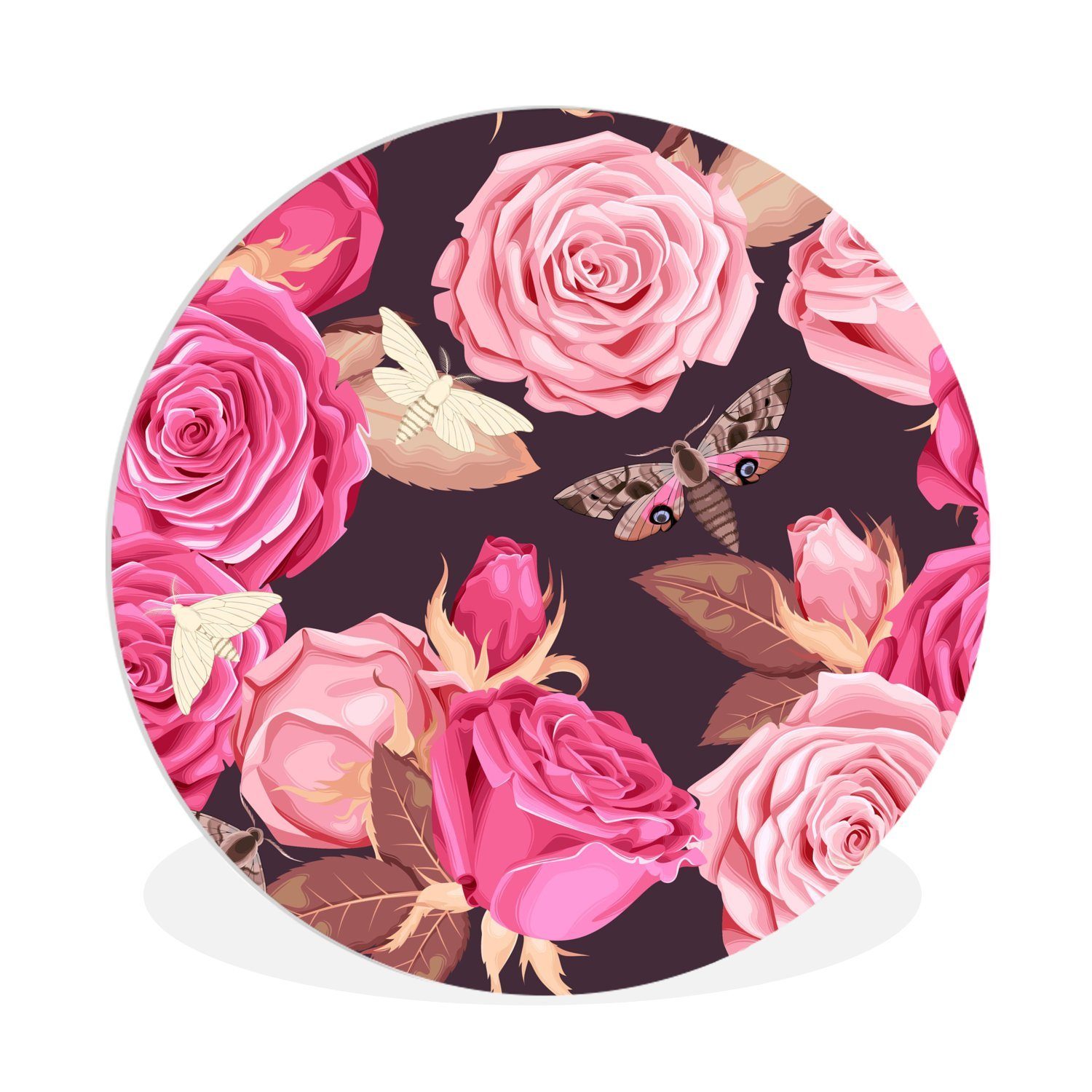 MuchoWow Gemälde Rosen - Schmetterlinge - Natur, Fotodruck (1 St), Kreis Wanddekoration, Rundes Wandbild, 30x30 cm
