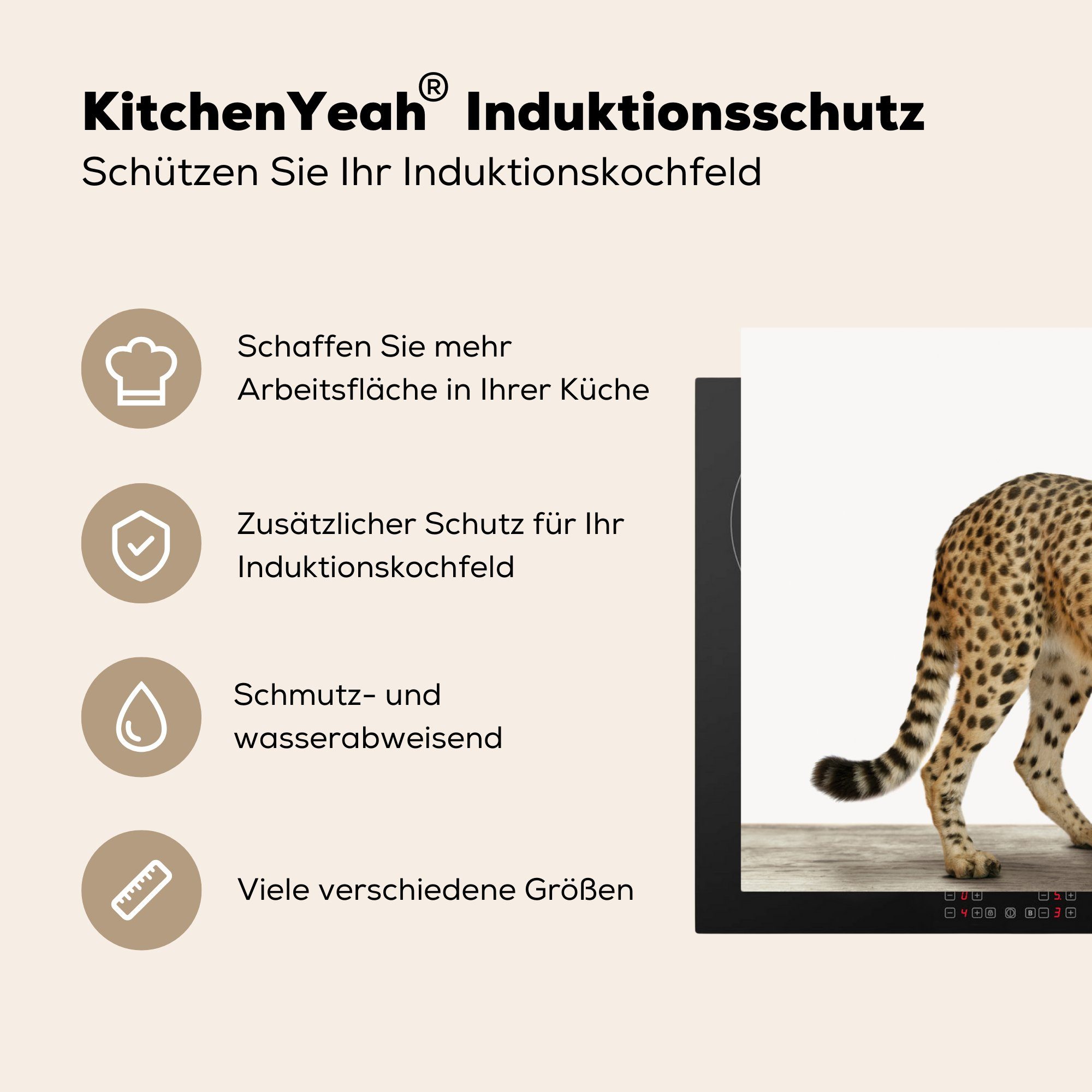 Hintergrund - Vinyl, Tiere Jungen tlg), Ceranfeldabdeckung, 81x52 Arbeitsplatte Weißer für - Mädchen, cm, - Leopard küche Herdblende-/Abdeckplatte (1 - - MuchoWow Kinder