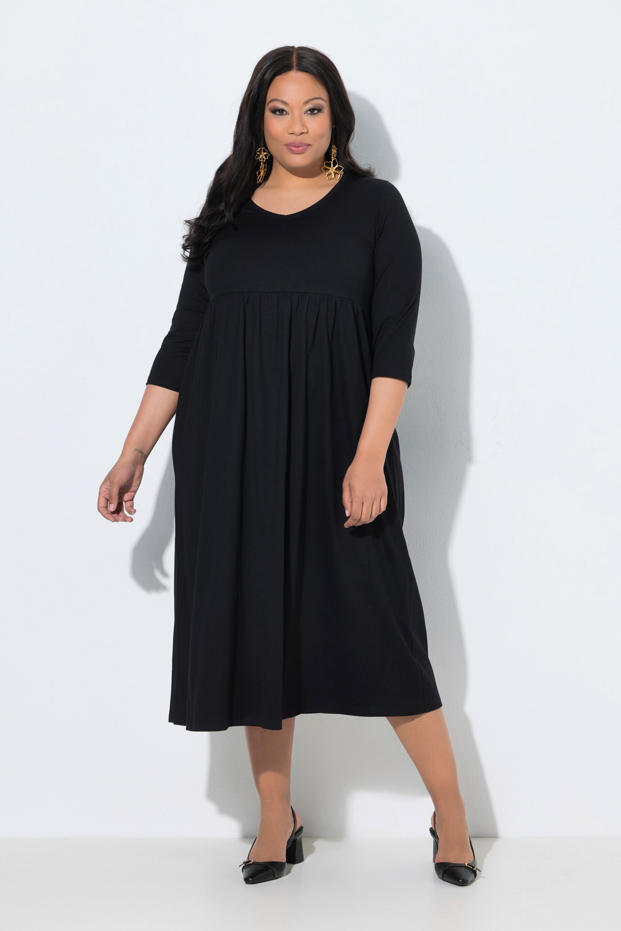 Ulla Popken Maxikleid Jerseykleid Empirenaht V-Ausschnitt 3/4-Arm