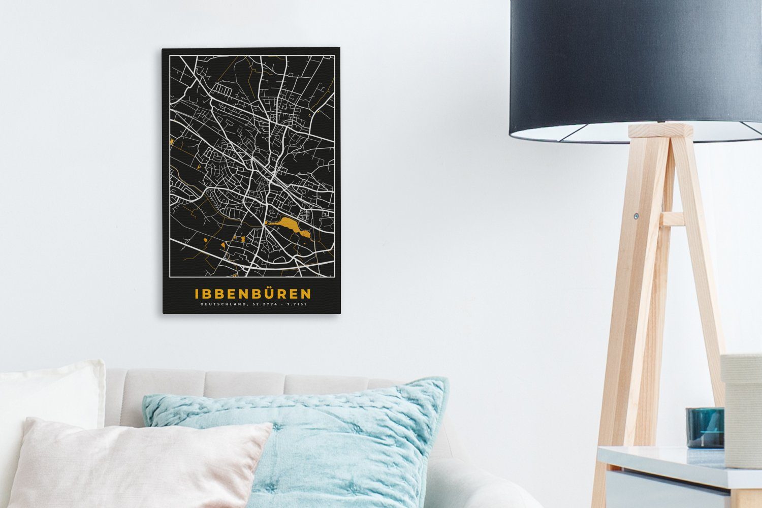 Gold Leinwandbild Zackenaufhänger, fertig Karte, Deutschland bespannt Ibbenbüren cm - Gemälde, 20x30 St), Karte - Stadtplan Leinwandbild - (1 - inkl. OneMillionCanvasses® -