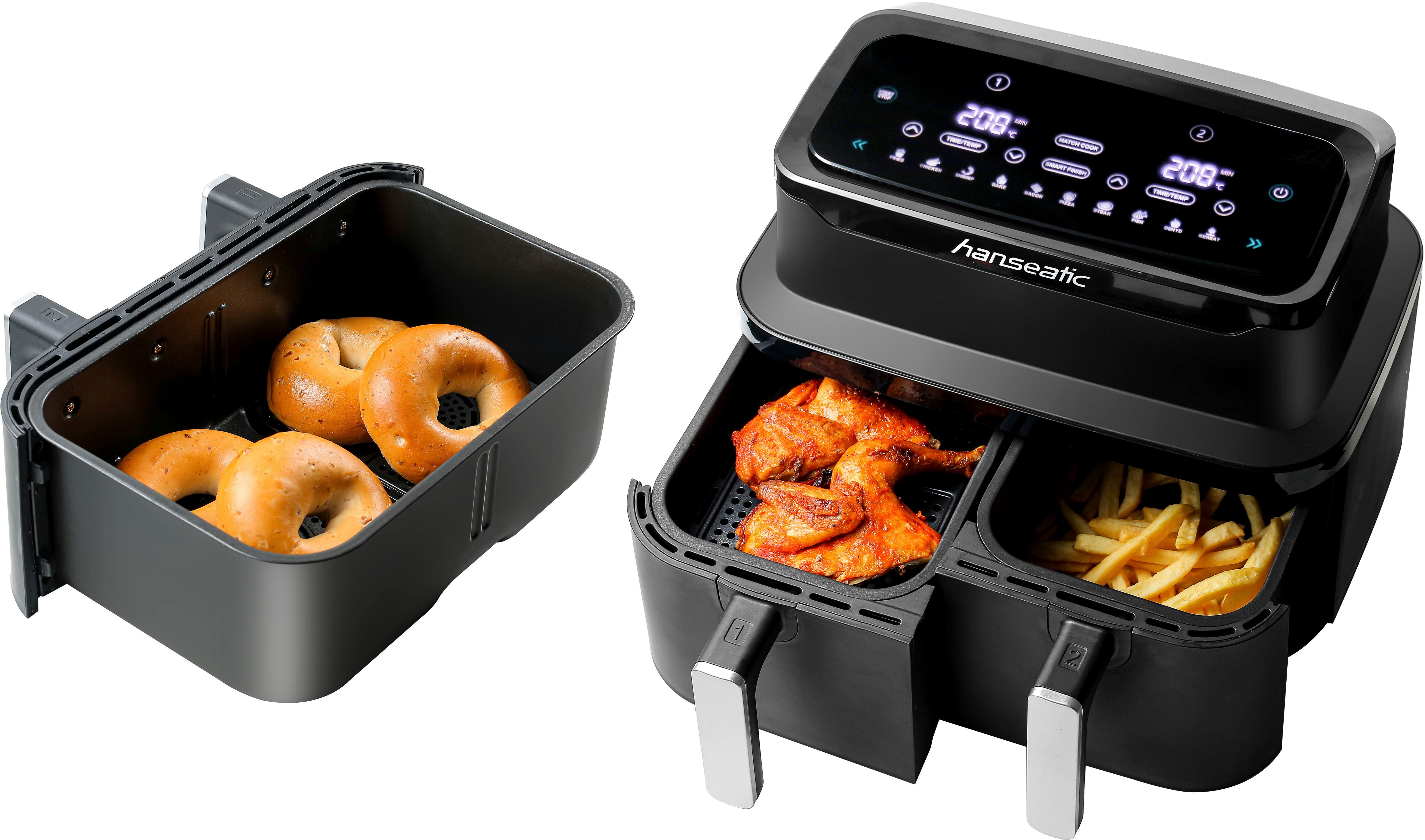 Hanseatic Heißluftfritteuse HAF212600D 39156050 2in1, 2600 W, XXL-Volumen 9L mit Dörrfunktion, 2 Einschüben und Touchdisplay.