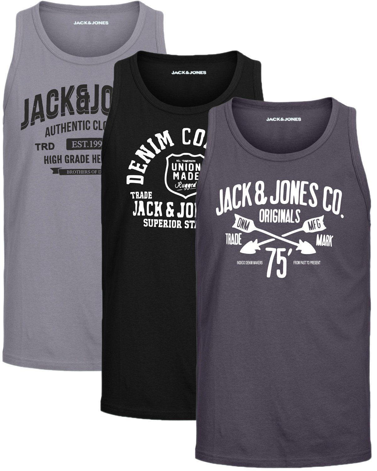 Jack & Jones Tanktop (3er-Pack) in unifarbe, mit Rundhalsausschnitt, mit Print vorne Asphalt-OPT6