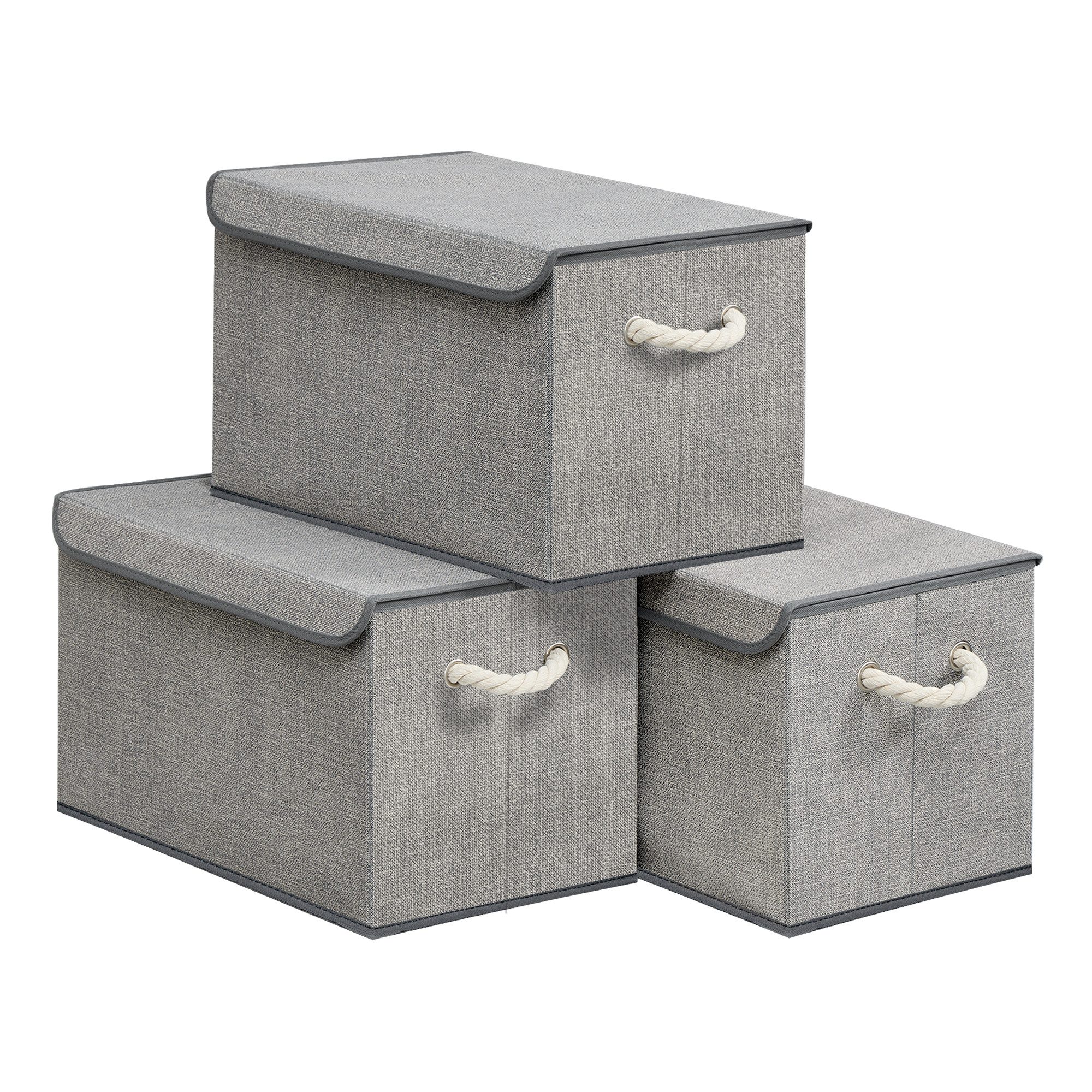 SONGMICS Aufbewahrungsbox mit Deckel, 3er Set, klappbar, Stoffboxen, Aufbewahrung, Organizer, Kleiderschrank, Griffe, 50 x 30 x 30 cm