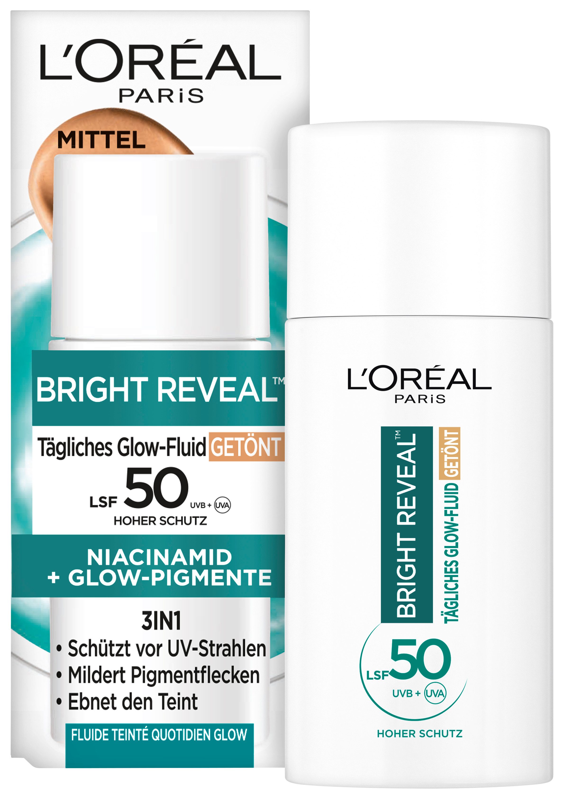 L'ORÉAL PARIS Gesichtsfluid BRIGHT REVEAL TÄGLICHES GLOW-FLUID GETÖNT MITTEL LSF 50, mit Vitamin C und E, feuchtigkeitsspendend.