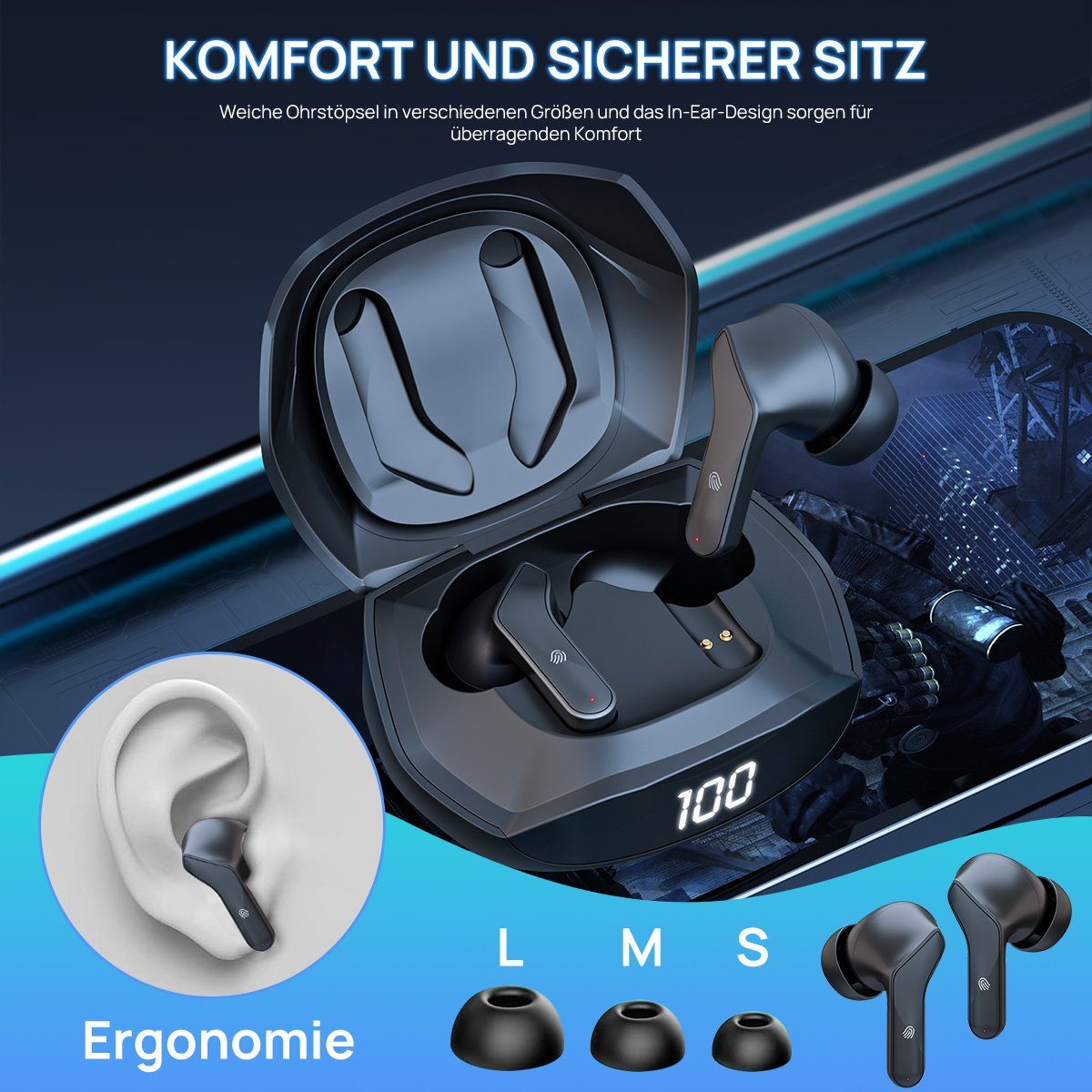 MOOHO Kabellose Kopfhörer, 2023 Neue Wasserdicht Musik-Modus) Siri, Kopfhörer Wireless Schwarz IPX6 Cancelling (ENC Bass, 40H Gaming-Modus Noise Bluetooth-Kopfhörer Wireless & Ohrhörer USB-C, Dual-Mode-Kopfhörer: LED-Anzeige Tiefer und Earbuds Sprache