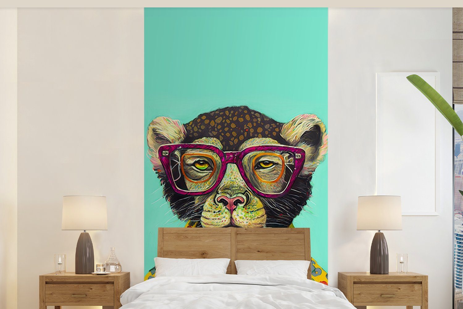 MuchoWow Fototapete Design - Rosa - Brille - Affe - Tiere, Matt, bedruckt, (2 St), Vliestapete für Wohnzimmer Schlafzimmer Küche, Fototapete