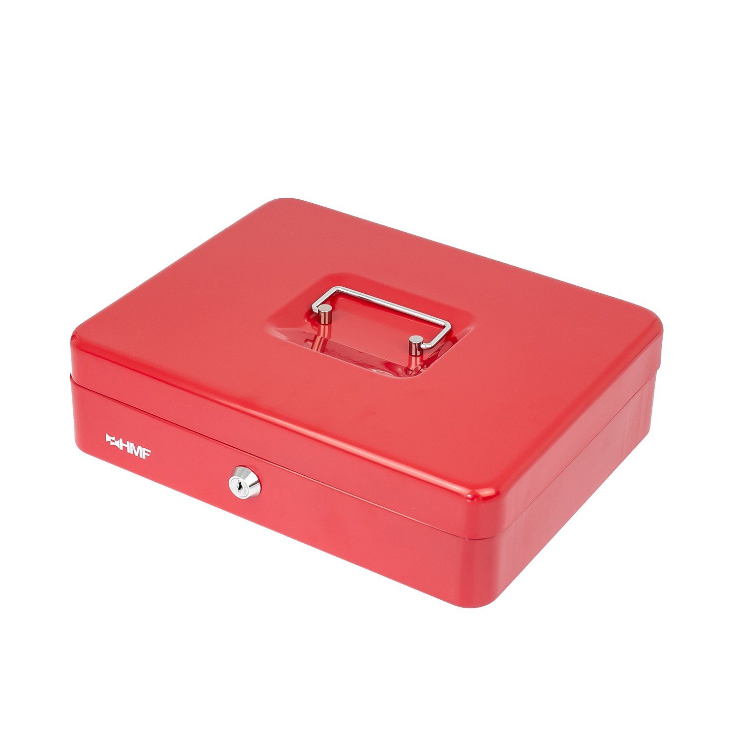 Abschließbare Geldkassette rot Geldbox und 30,5x24x8,5cm Bargeldkasse Schlüssel, mit HMF Münzzählbrett Scheinfach, robuste mit