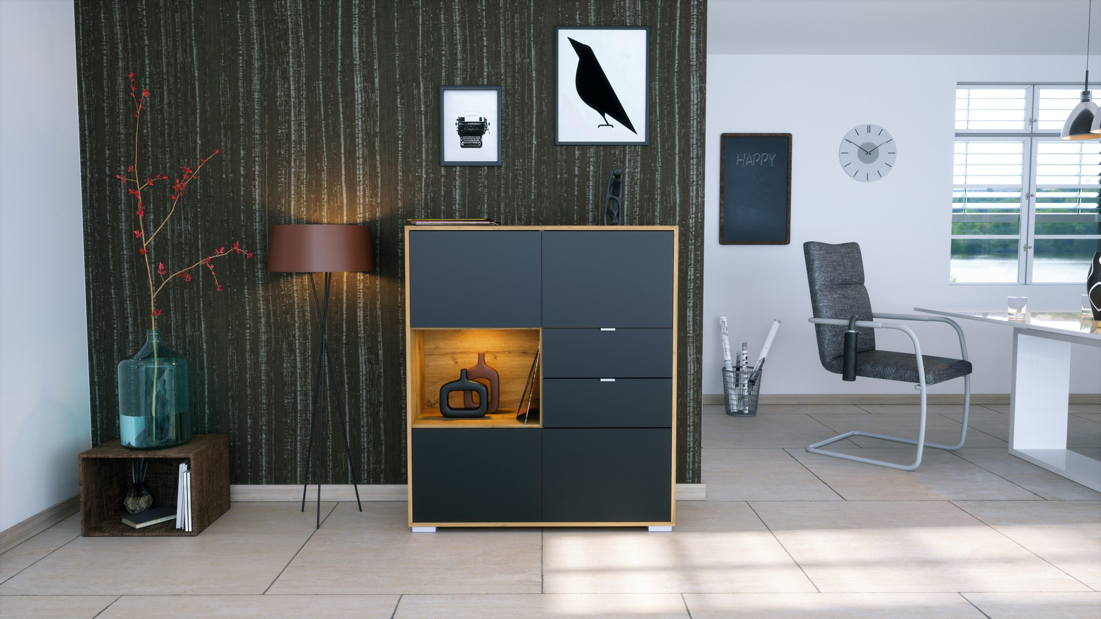 Vladon Highboard Milano V1 (Highboard mit 4 Tür Schwarz matt, 2 Schubladen Schwarz matt, inkl. LED, Made in Germany), Korpus Eiche Evoke (103 x 118 x 37 cm)