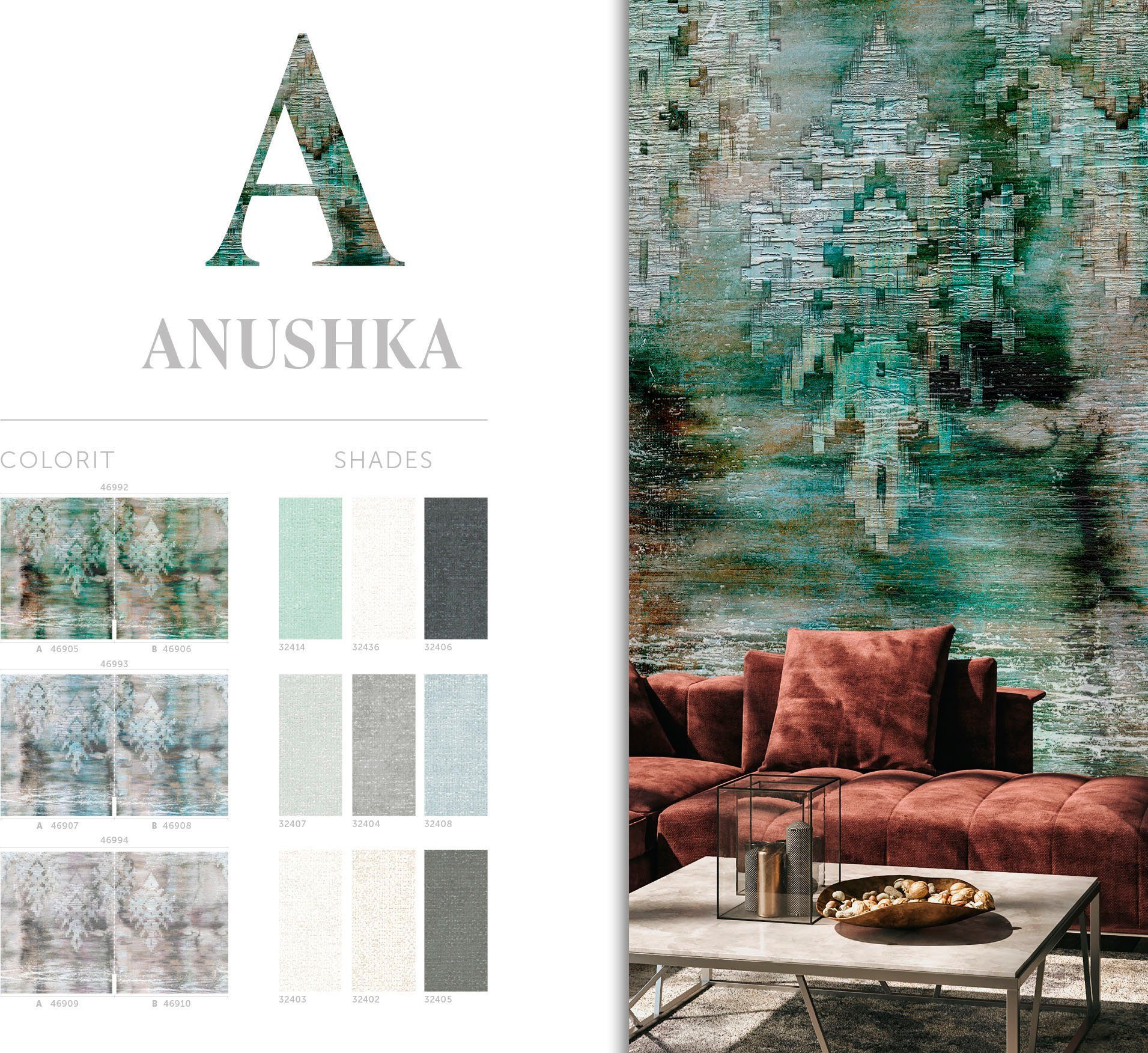 Anushka, Schlafzimmer Fototapete matt, Wohnzimmer grün Vliestapete für moderne Küche Marburg glatt,