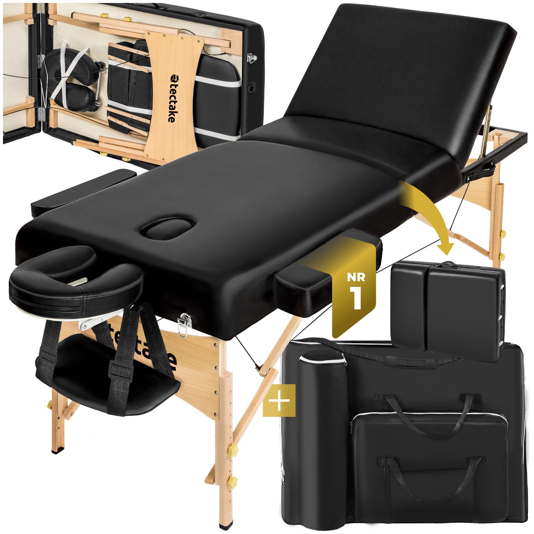 tectake Massageliege 3-Zonen-Behandlungsliege 218 x 102 x 90 cm, 70 cm breit, klappbar (Massagebank, 1-St., in schwarz), 10-cm-Polster, Holzgestell, höhenverstellbar, Kopf-/Armablagen, Tasche