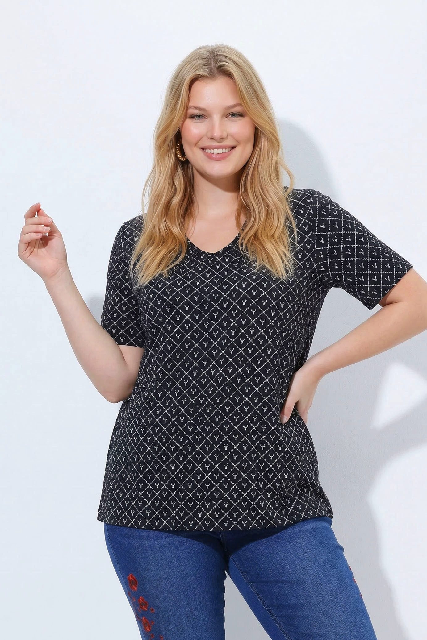 Ulla Popken T-Shirt T-Shirt Hirschgeweih A-Linie V-Ausschnitt Halbarm