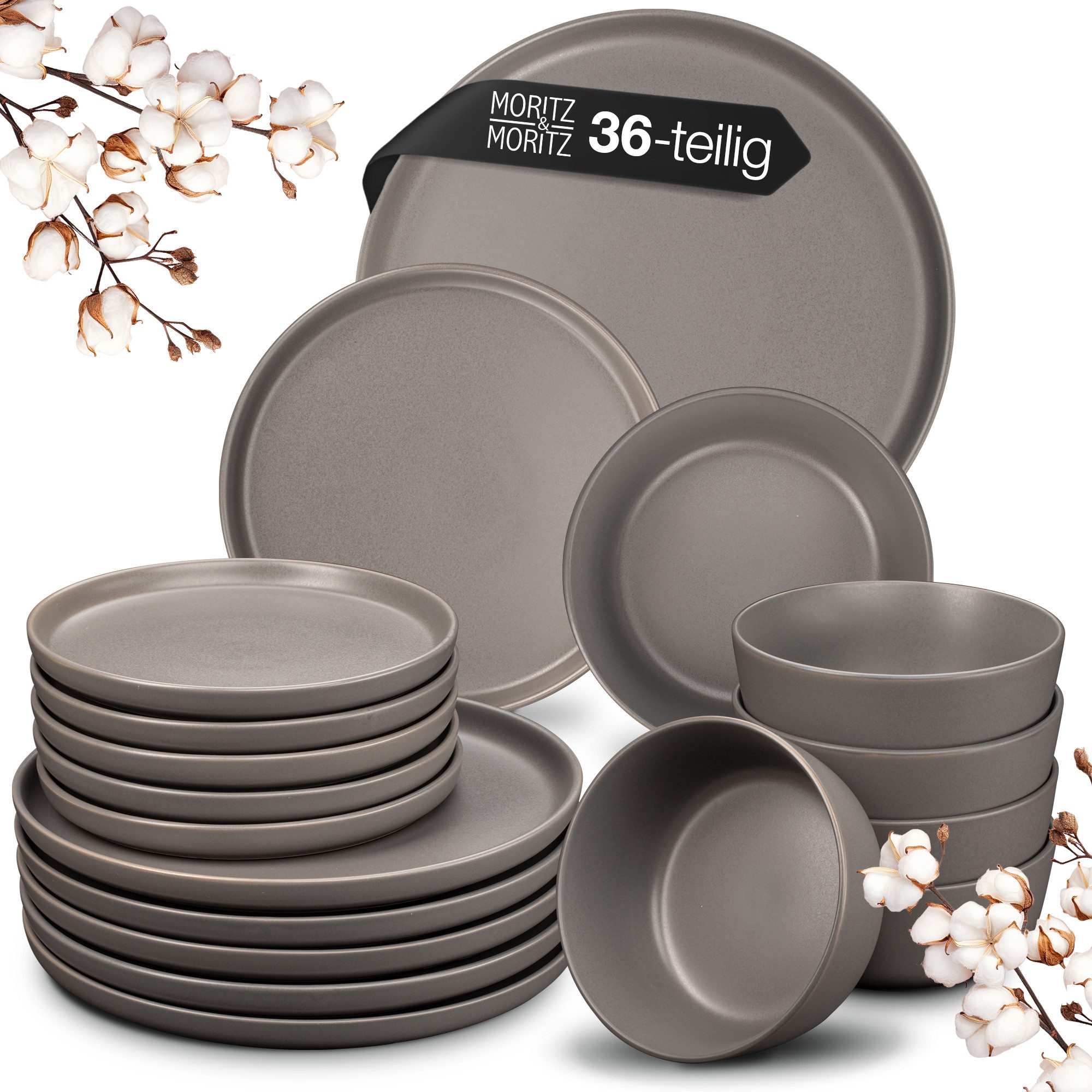 Moritz & Moritz Kombiservice NORDIC 36tlg Geschirrset Grau (36-tlg), 12 Personen, Steinzeug, Spülmaschinengeeignet