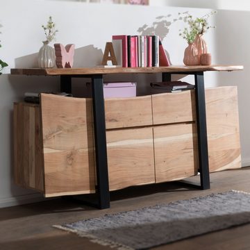 Wohnling Sideboard WL5.637 (Akazie Kommode Massivholz 175x90x44 cm mit Ablage), Highboard Türen & Schubladen, Anrichte Baumkante