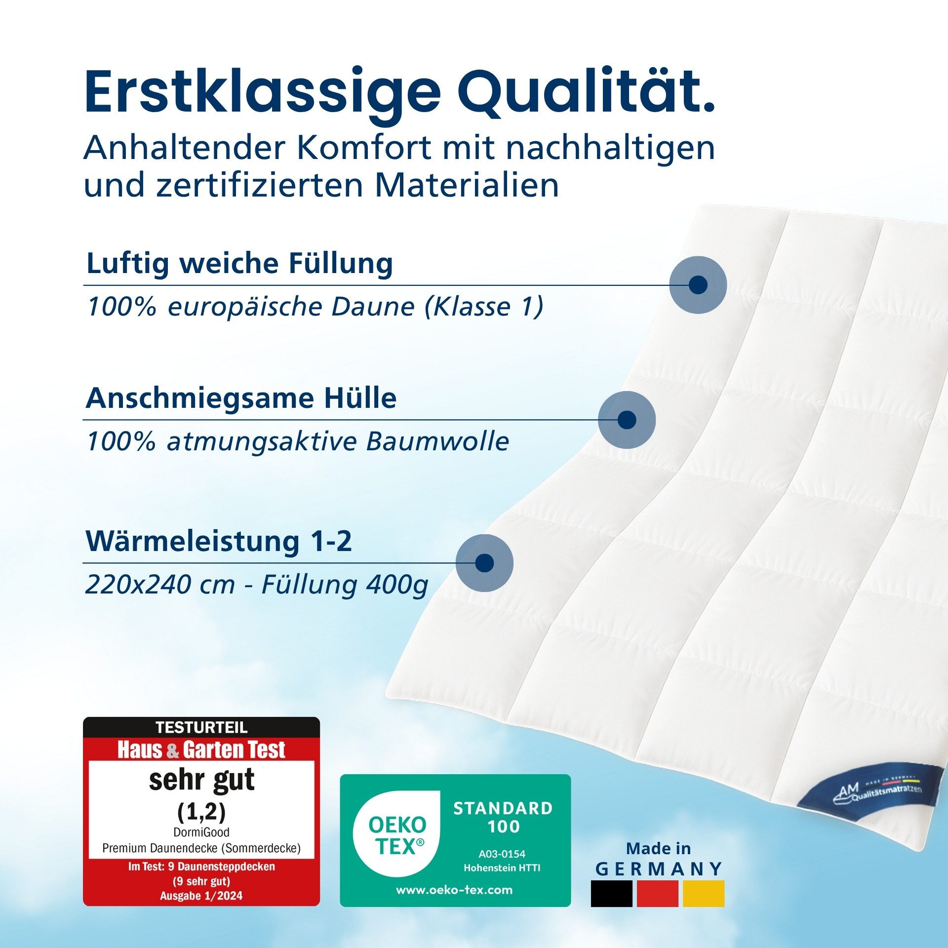 DormiGood Daunenbettdecke Premium Daunendecke Sommer, 100% Daunen, Leichte Sommerdecke, Füllung: 100% Daunen (Klasse 1), Bezug: Inlay aus Baumwolle, 220x240 cm, Sommer
