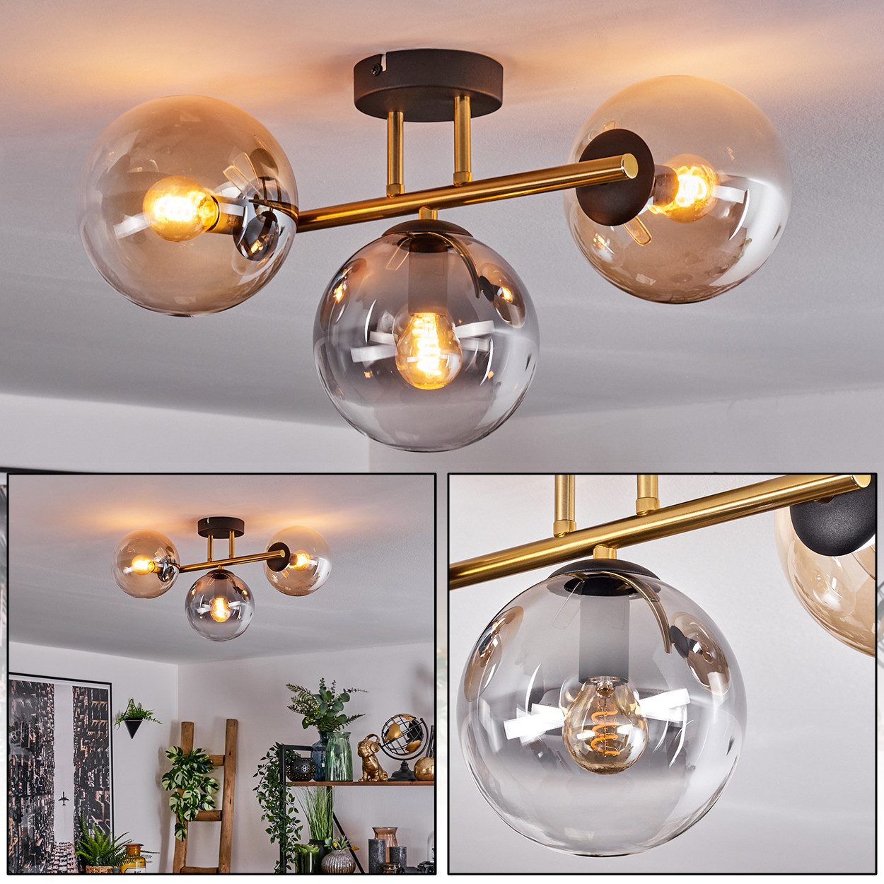 Deckenleuchte Deckenlampe aus Metall/Glas in Schwarz/Gold/Bernstein/Rauch/Klar