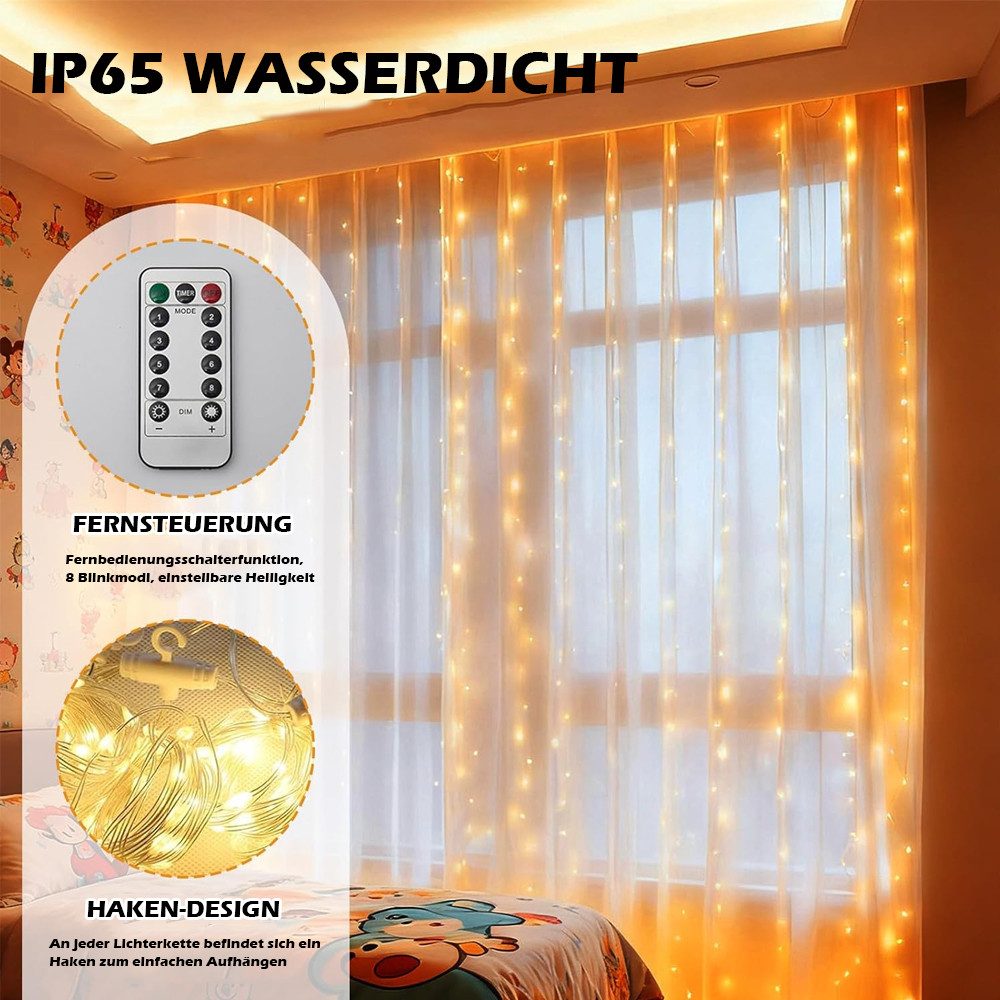 TUWENA LED-Lichterkette Lichtervorhang 3x3m LED Lichterkette, 300 LED Lichterketten mit 8 Modi
