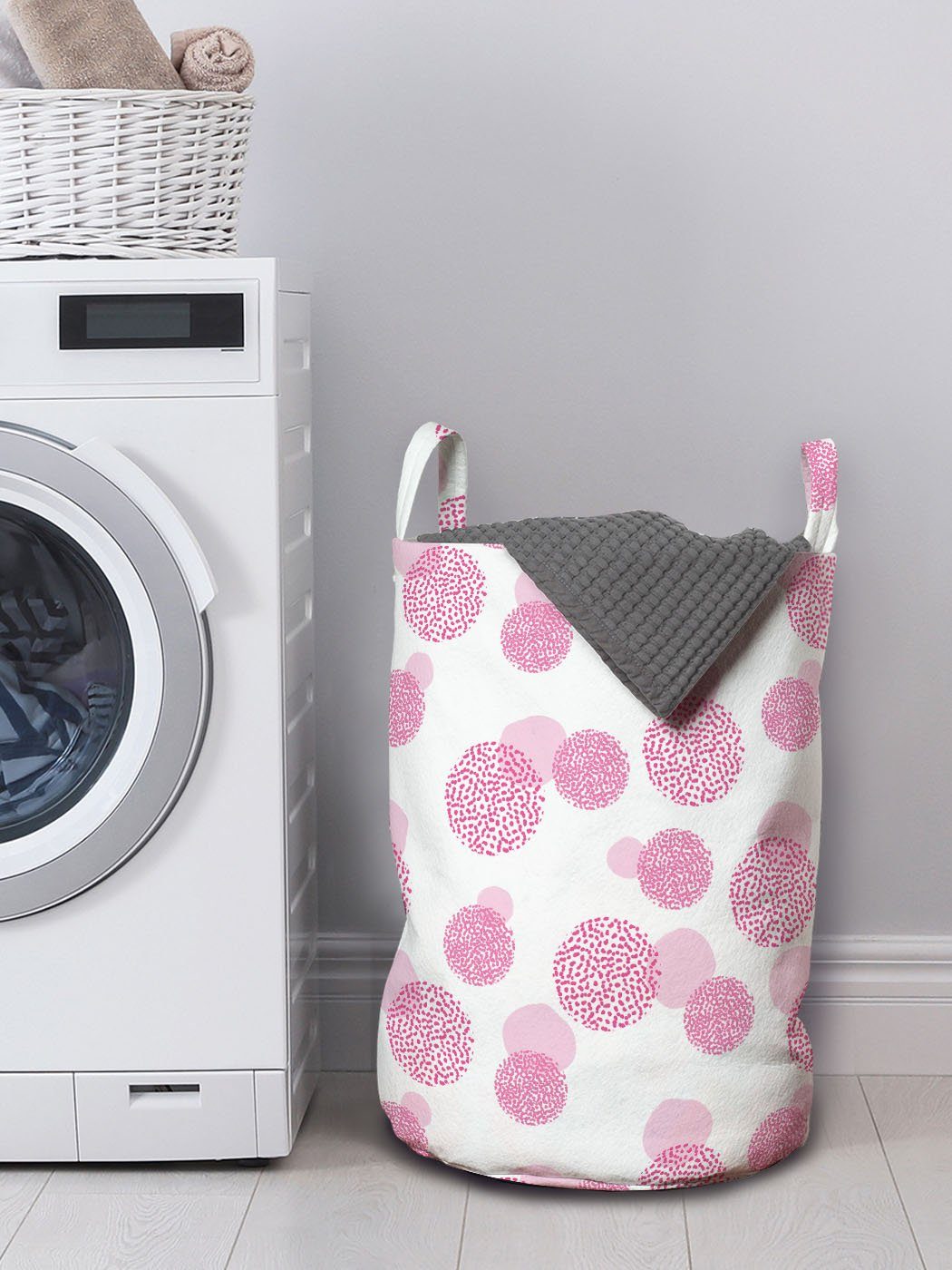 Abakuhaus Wäschesäckchen Weiß Wäschekorb Kreisformen Kordelzugverschluss und Pink Waschsalons, Dots für mit Griffen