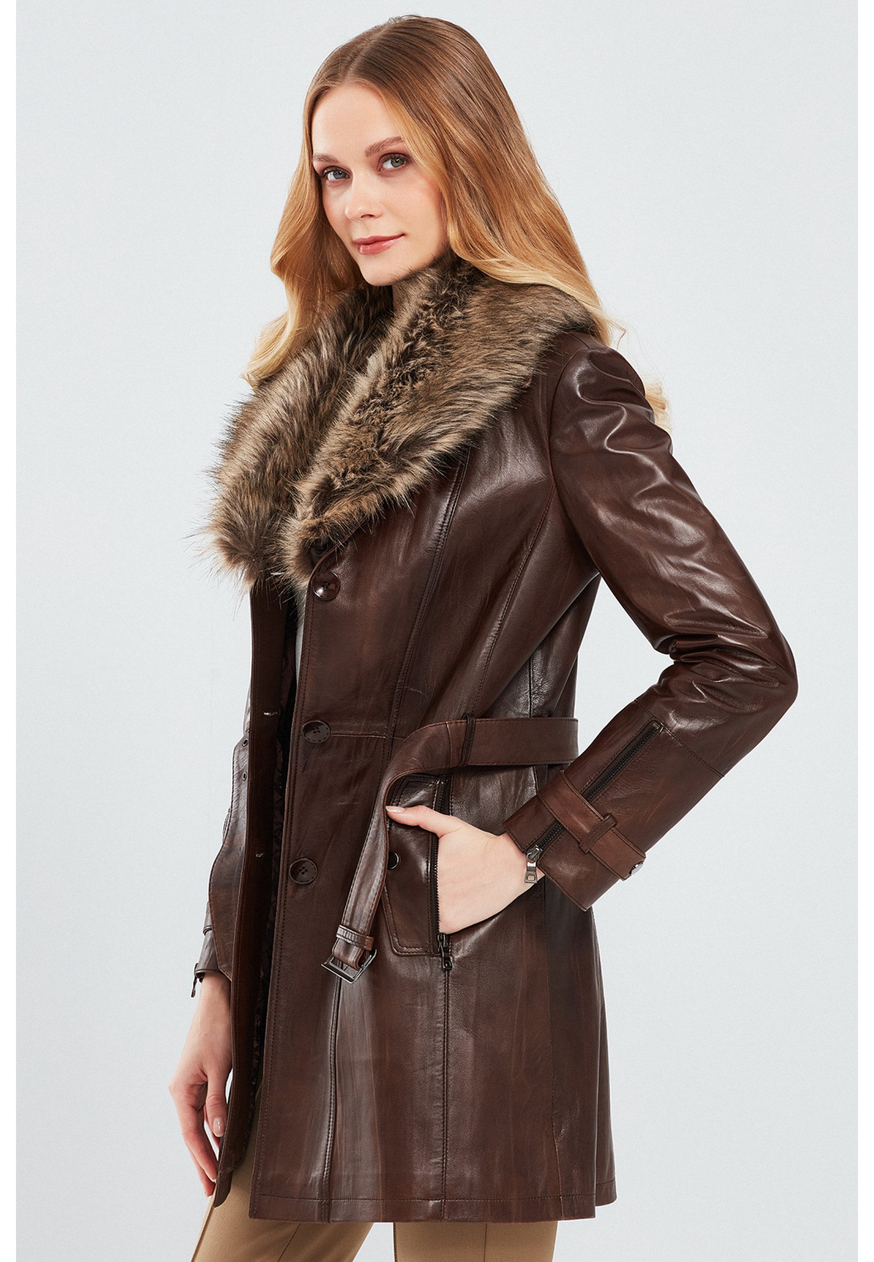 Derimod Lederjacke Rhoda Ledertrenchcoat mit Kunstfell