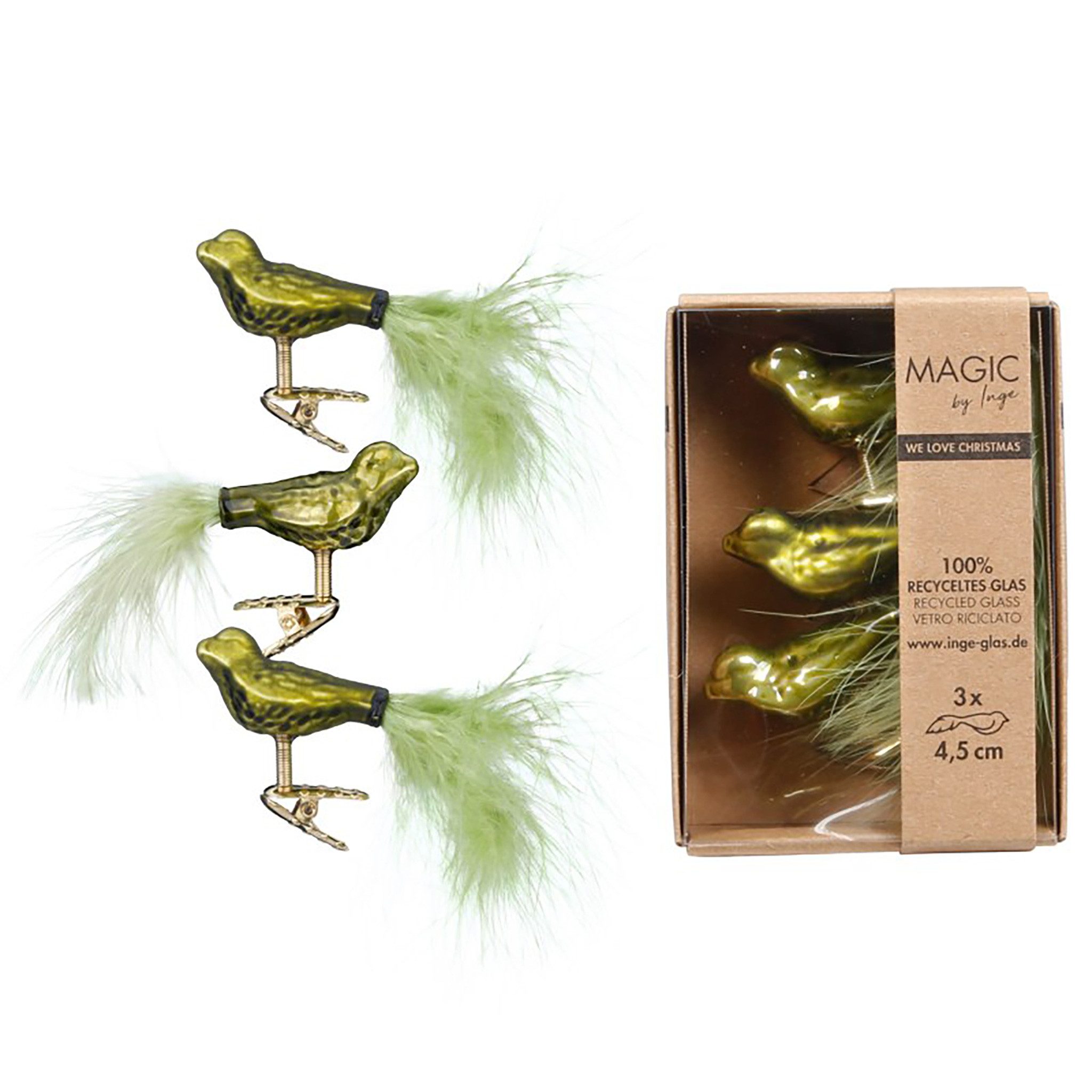 Holly & Jolly Christbaumschmuck, Christbaumschmuck Vögel auf Clip 4,5cm Glas 3er Set - Green Olives