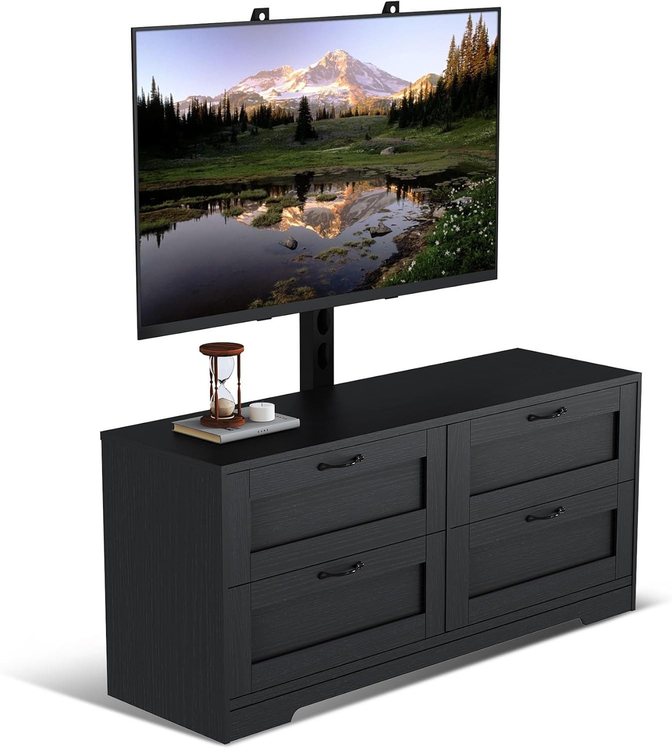 GarveeMore TV-Schrank mit höhenverstellbarer TV-Halterung & 4 Schubladen Media Console Entertainment Center mit Kabelmanagement für Wohnzimmer