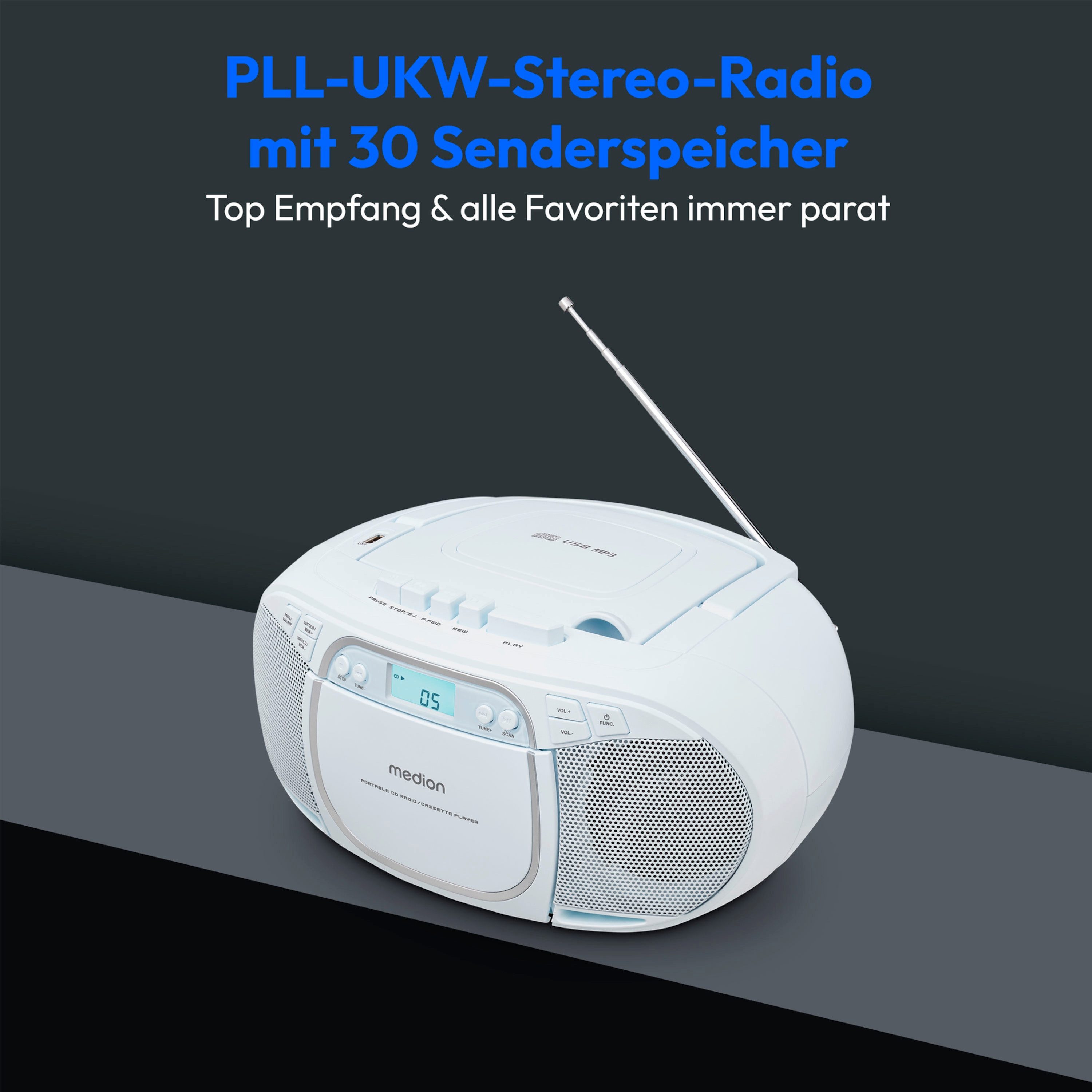 Medion® Kassetten Player (An/Aus Anzeige, Audiokassetten, AUX-Eingang, Batteriebetrieben, CD-Player, CD-R-Wiedergabe, CD-RW-Wiedergabe, FM-Radio, Digitalanzeige, Kassettenwiedergabe, USB, Tragbar, Stereo, Radio, MP3 CD-Wiedergabe, On/Off Switch, MW/UKW Radio, Netzbetrieben, Lautstärkeregelung, 2x 20W max., LC-Display, 30 Senderspeichern, USB)