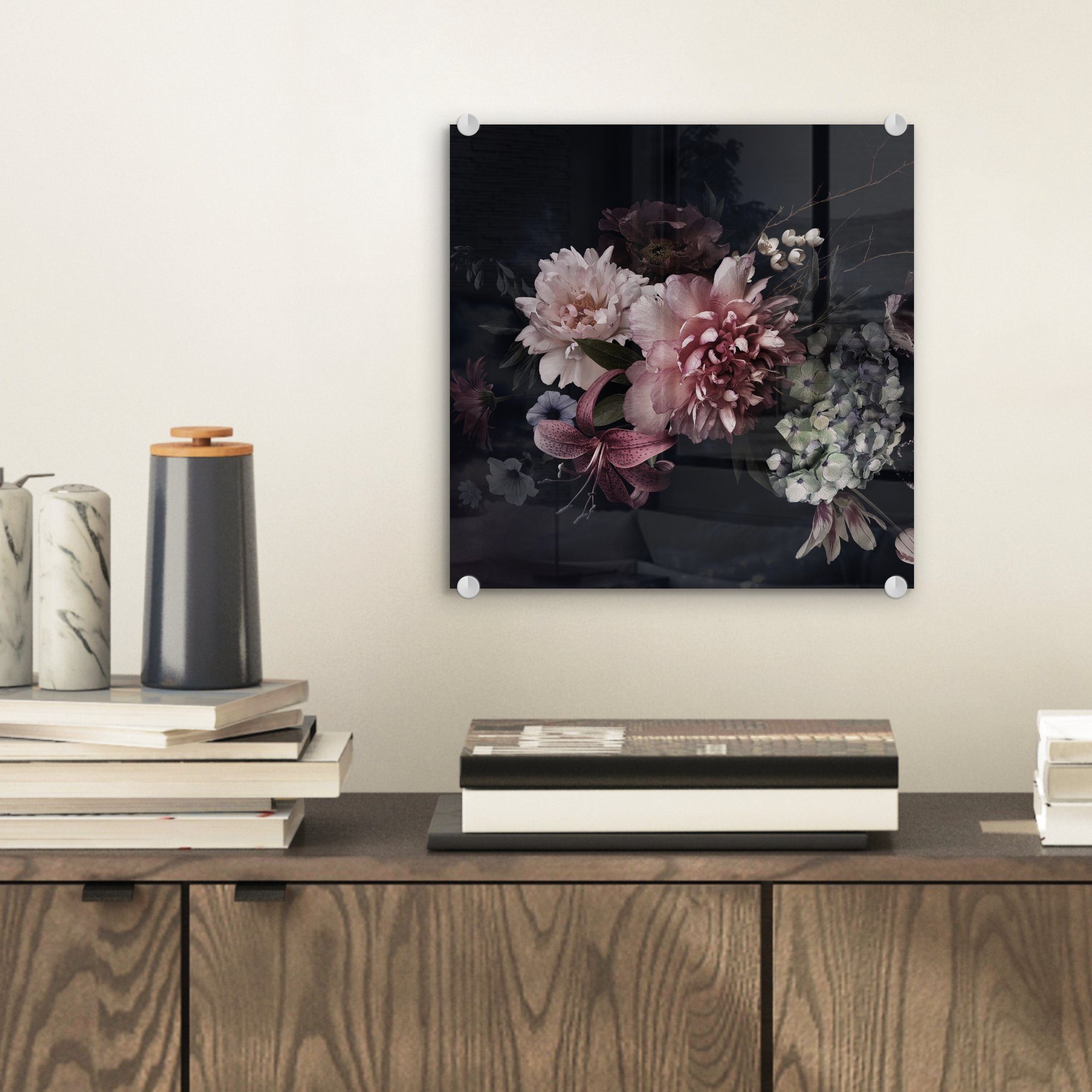 MuchoWow Acrylglasbild Blumen - Vintage - Pastell - Schwarz - Blumenstrauß, Inkl. Aufhängung, Bilder auf Glas Wandbild, Wanddeko Wohnzimmer Badezimmer, 20x20 cm – Bild 2 von 5