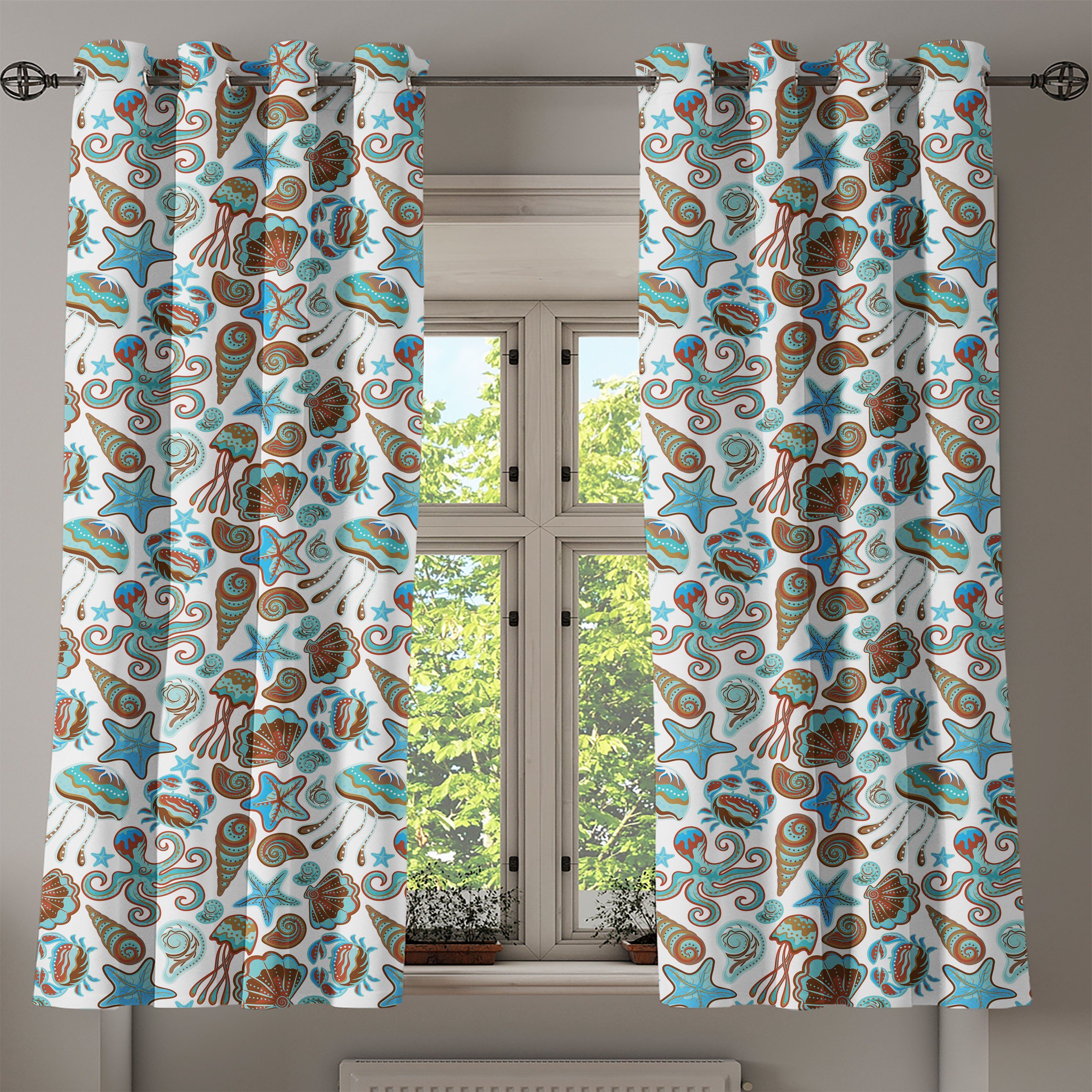 Gardine für Octopus 2-Panel-Fenstervorhänge Schlafzimmer Abakuhaus, Meduse Wohnzimmer, Krabben Sea Dekorative Shells