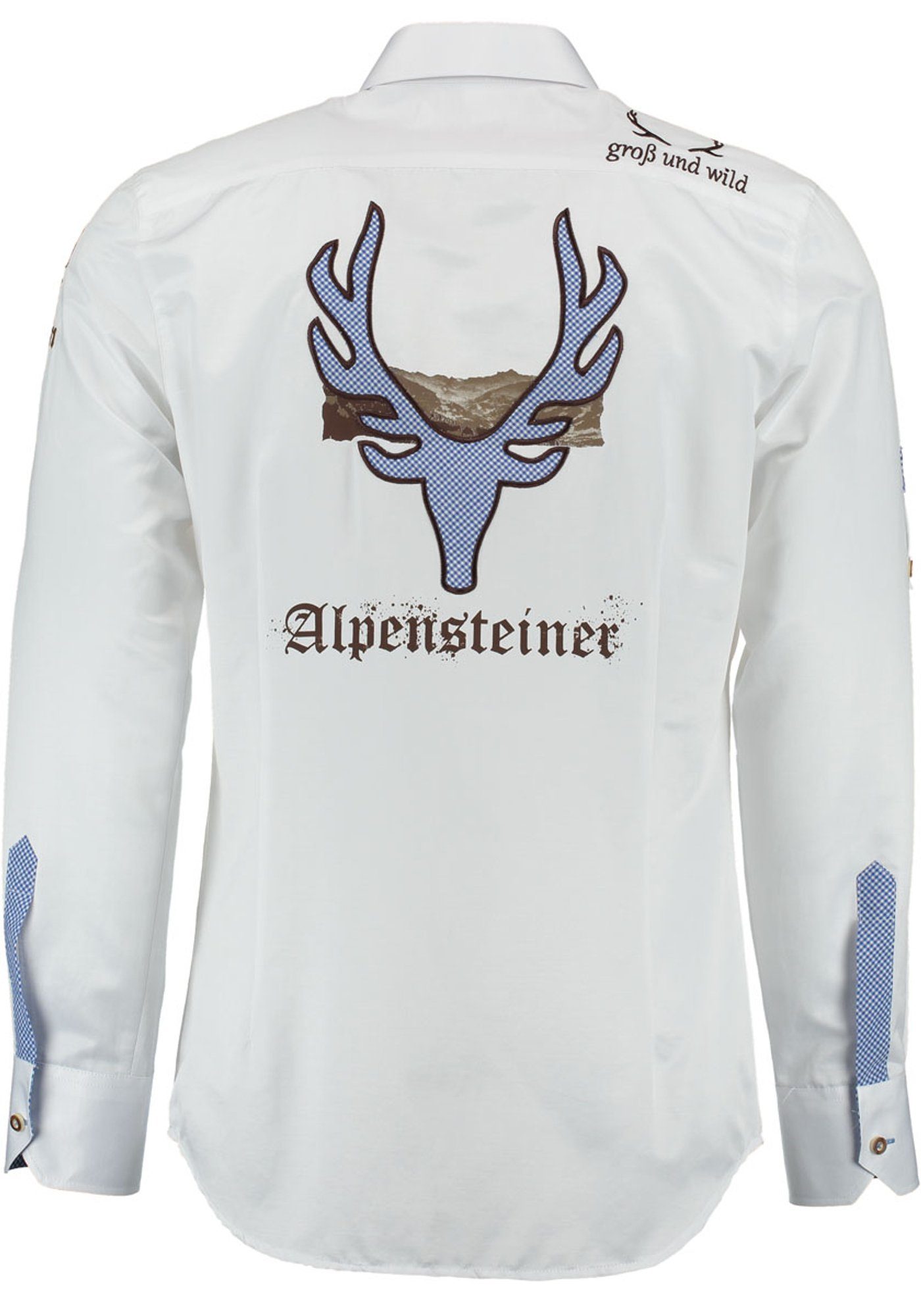 OS-Trachten Trachtenhemd Irono Langarmhemd weiß-mittelblau Motivdruck "Hirsch" mit