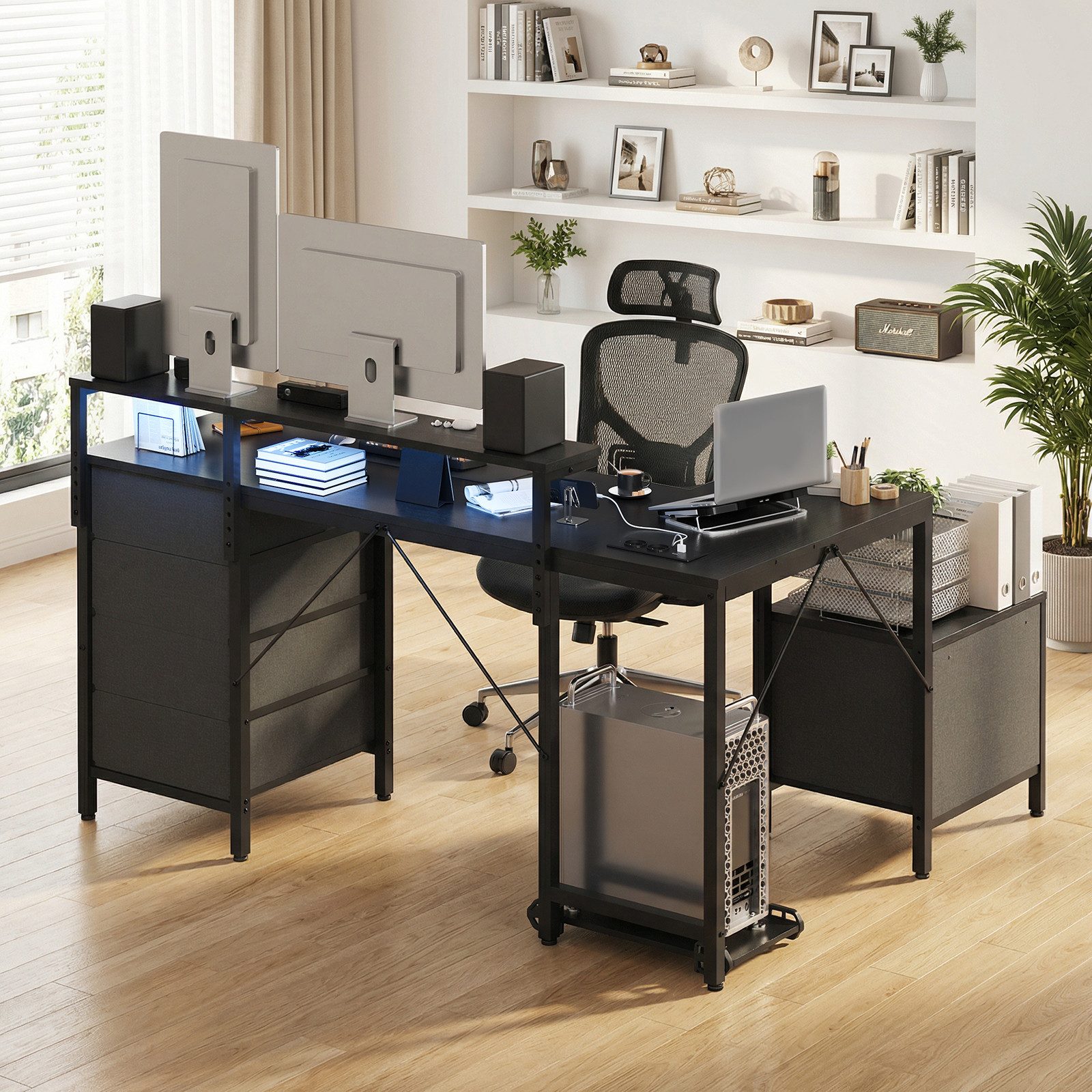 HOMALL Schreibtisch Gaming-Schreibtisch mit Stauraum, USB-Anschlüssen und LED-Beleuchtung (Monitorarm höhenverstellbar von 12 bis 27 cm, mit 5 mit Stoff ausgekleideten Schubladen, Montageoption links/rechts, Platz für Drucker)
