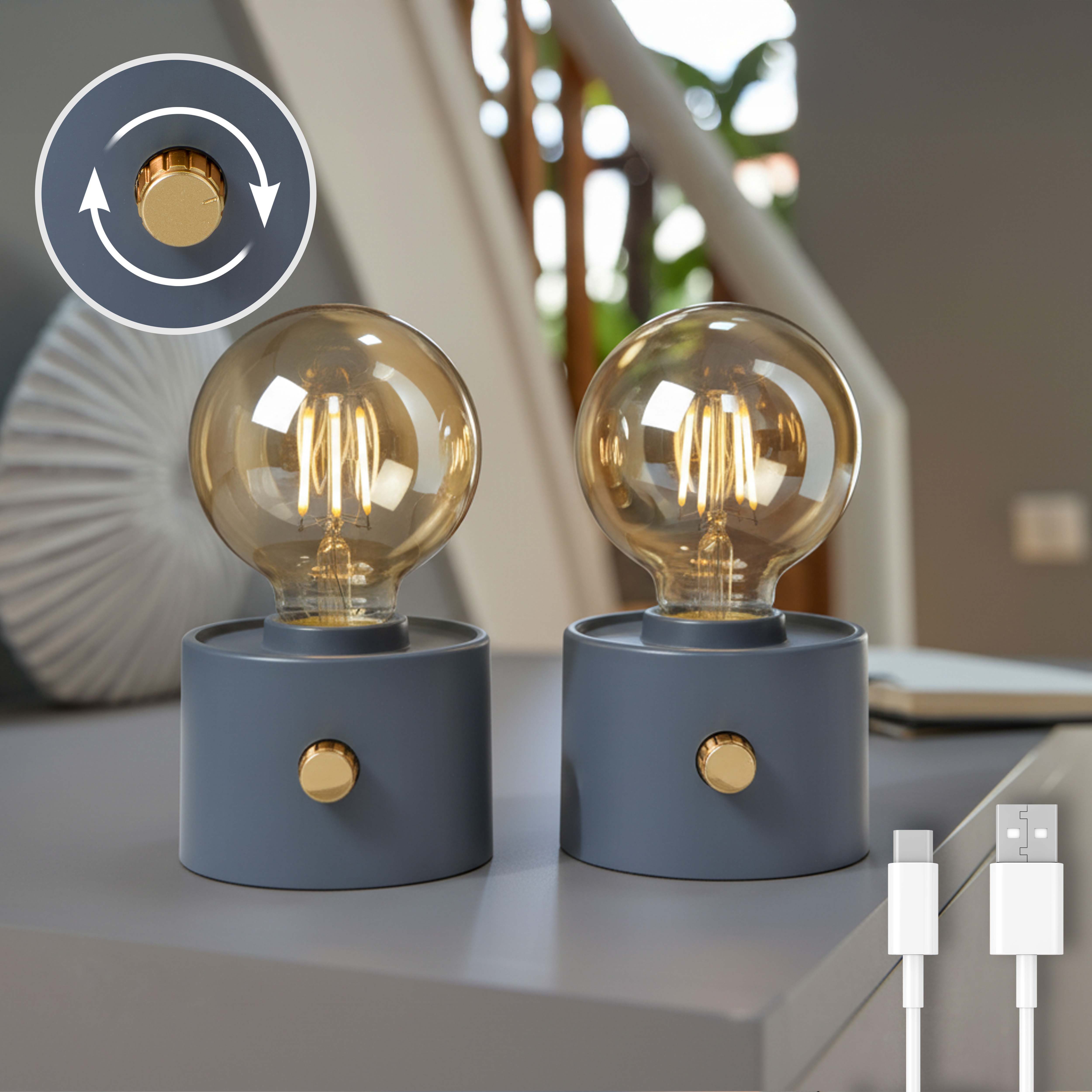 Northpoint LED Nachttischlampe Vintage Akku LED Tischlampe mit USB-C dimmbar