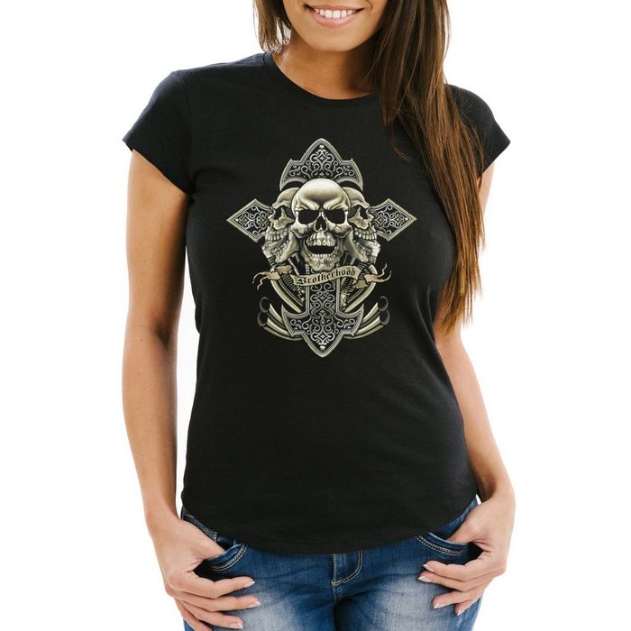 Neverless Print-Shirt Damen T-Shirt Kreuz mit Totenkopf Cross Skulls Slim Fit Neverless® mit Print