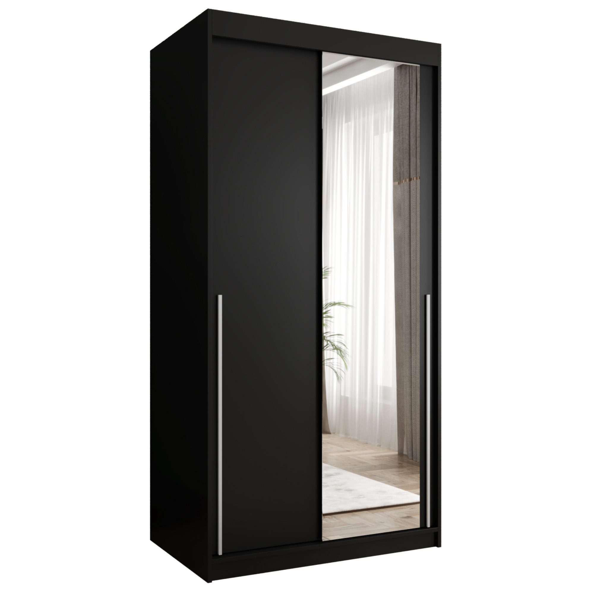 Home Collective Schwebetürenschrank Kleiderschrank Schrank mit Spiegel Schlafzimmer Garderobe geräumig (erhältliche Breiten: 100 cm, 120 cm, 150 cm, 180 cm, 200 cm, 250 cm, Höhe 200cm) 2 Türen, mit Einlegeböden und zwei Kleiderstangen wählbare Handgriffe