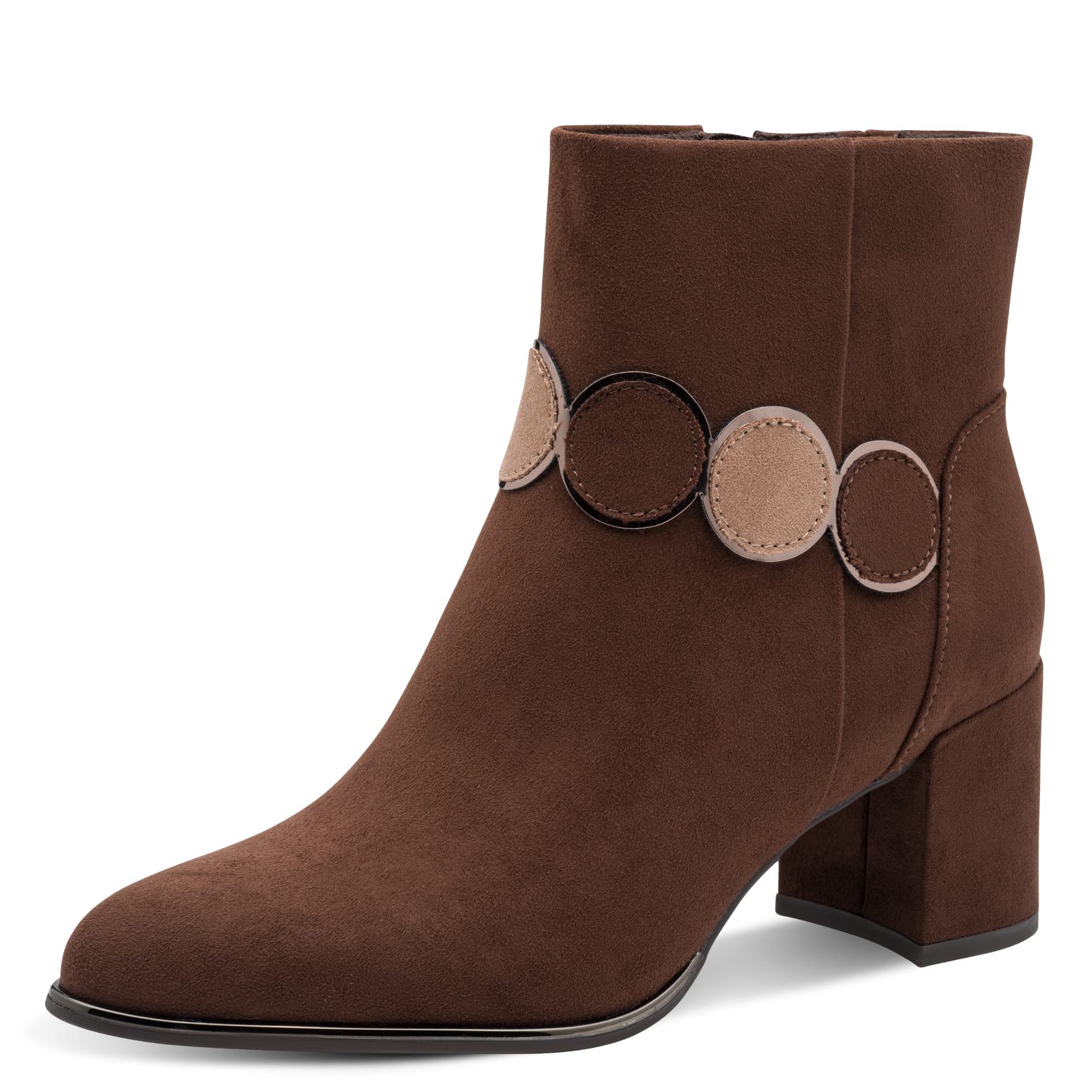 MARCO TOZZI Stiefelette Blockabsatz, Ankle Boots, mit eleganter Zierkette und Kontrastbesätzen