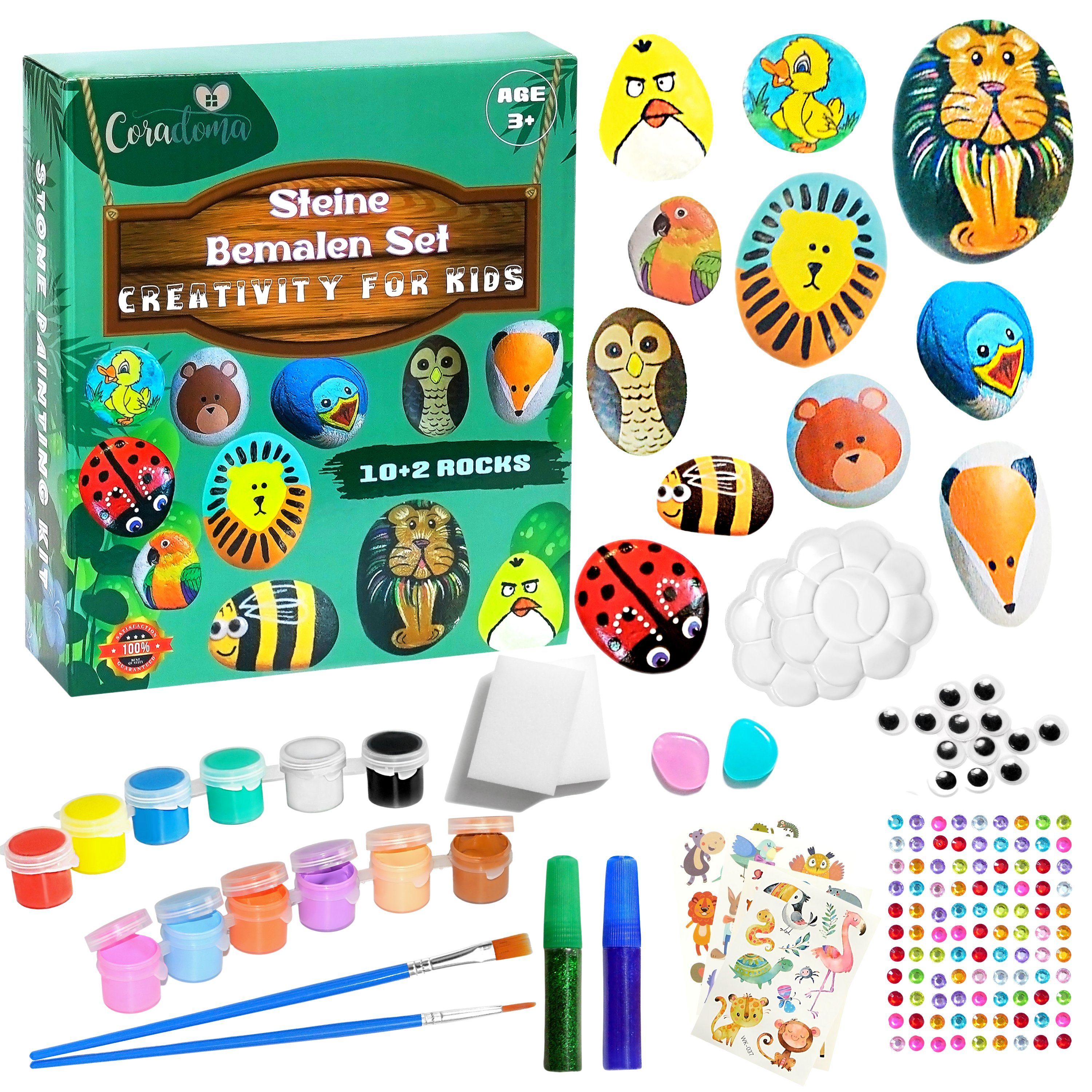 Coradoma Kreativset Steine zum Bemalen DIY Set Bastelset Kinder Malen Kreativ, (Bastelset, 10 Steine + 2 Leuchtsteine)
