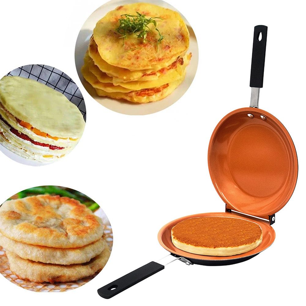 OKWISH Bratpfanne Doppelseitige Pfanne Pfannkuchenpfanne Omelettpfanne, Gusseisen (Durchmesser 26 cm Wendepfanne Pfanne Mit Griff, 1-tlg., Antihaftbeschichtung Sandwichmaker mit Antihaftbeschichtung), Grillpfanne Zum Braten von Eiern Brot Vegetables Sautéing Pfannkuchen